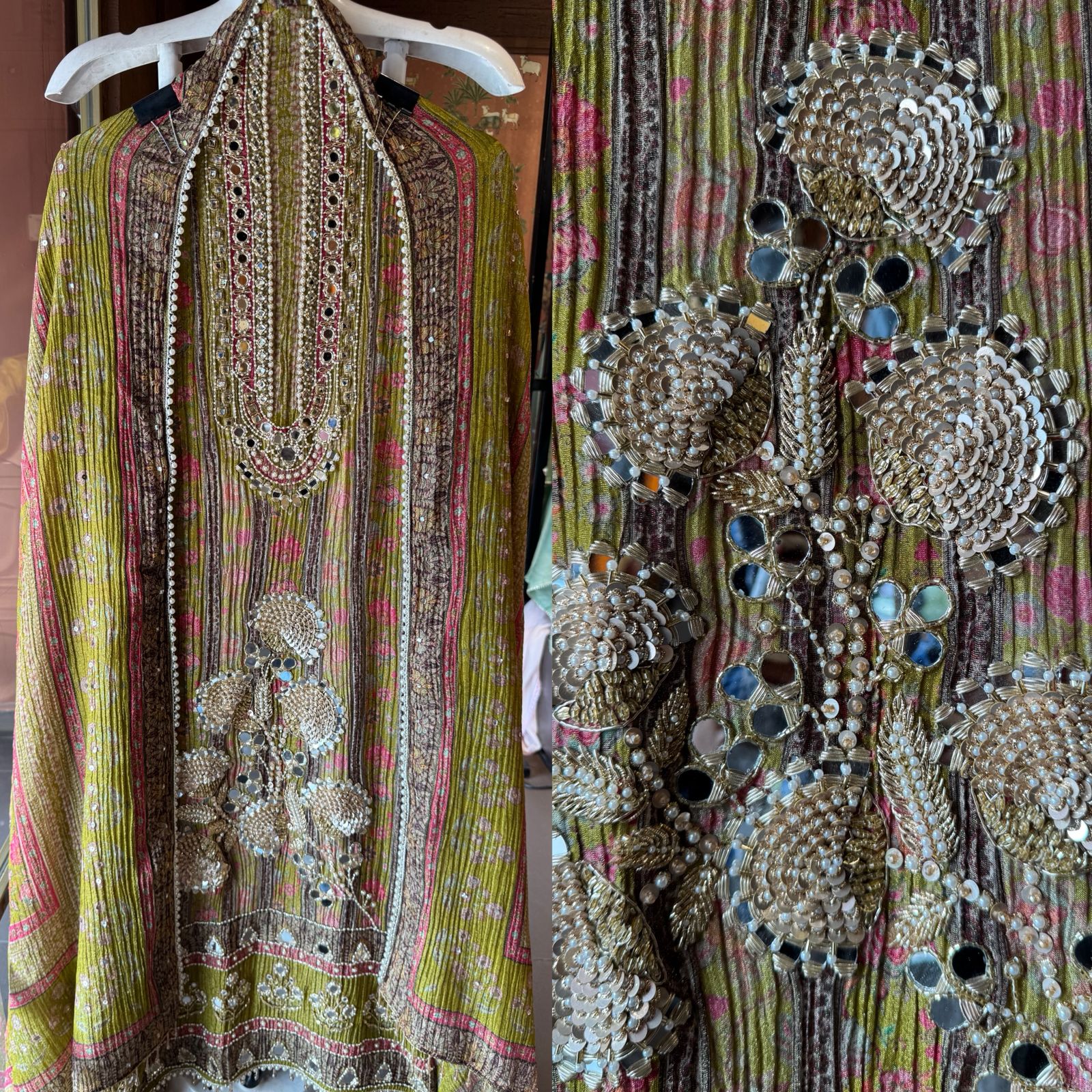 Crushed tissue Mirror & Pearl Embellished Unstitched suit