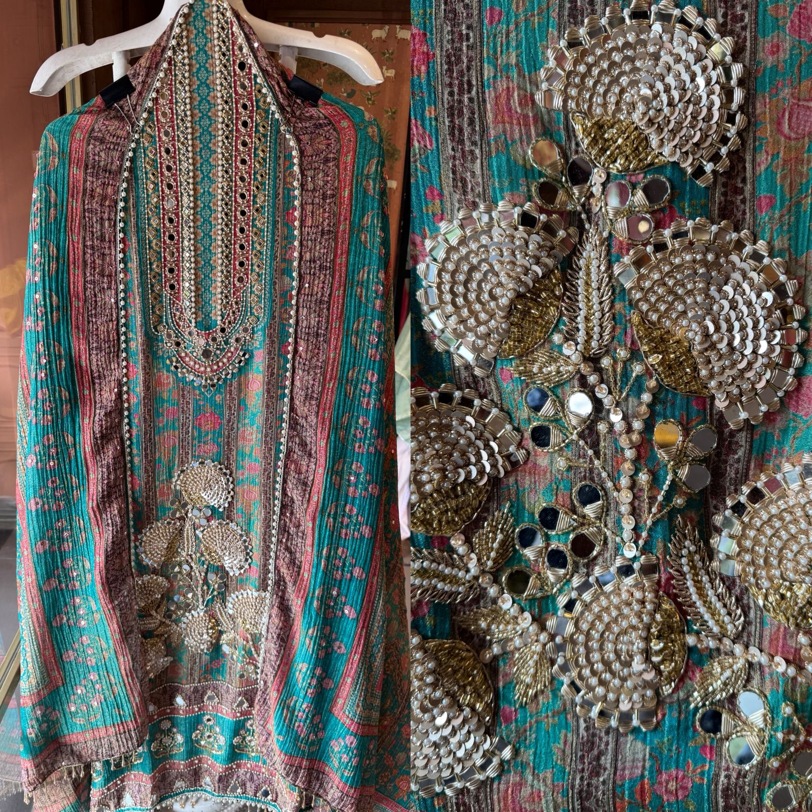 Crushed tissue Mirror & Pearl Embellished Unstitched suit