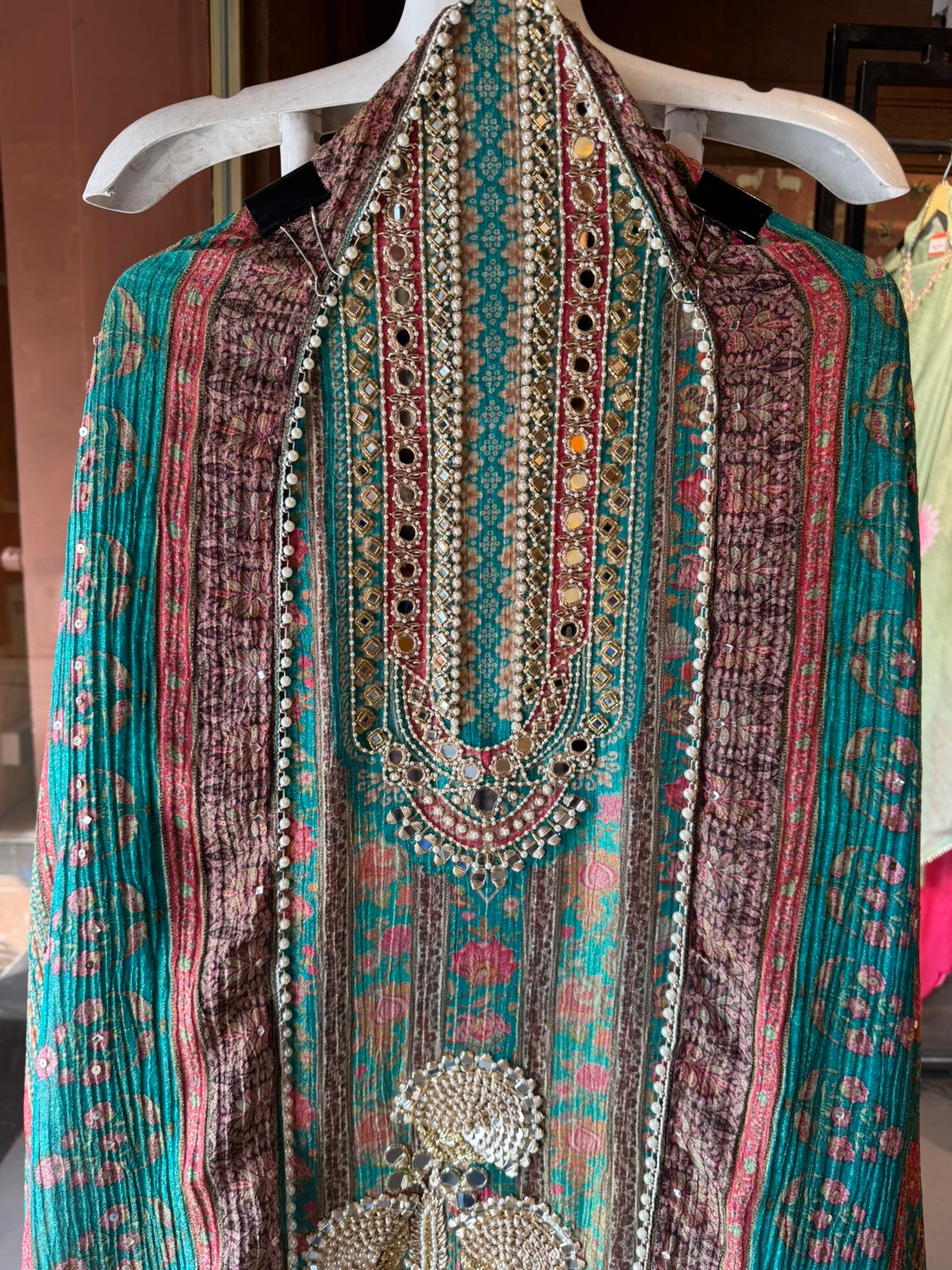 Crushed tissue Mirror & Pearl Embellished Unstitched suit