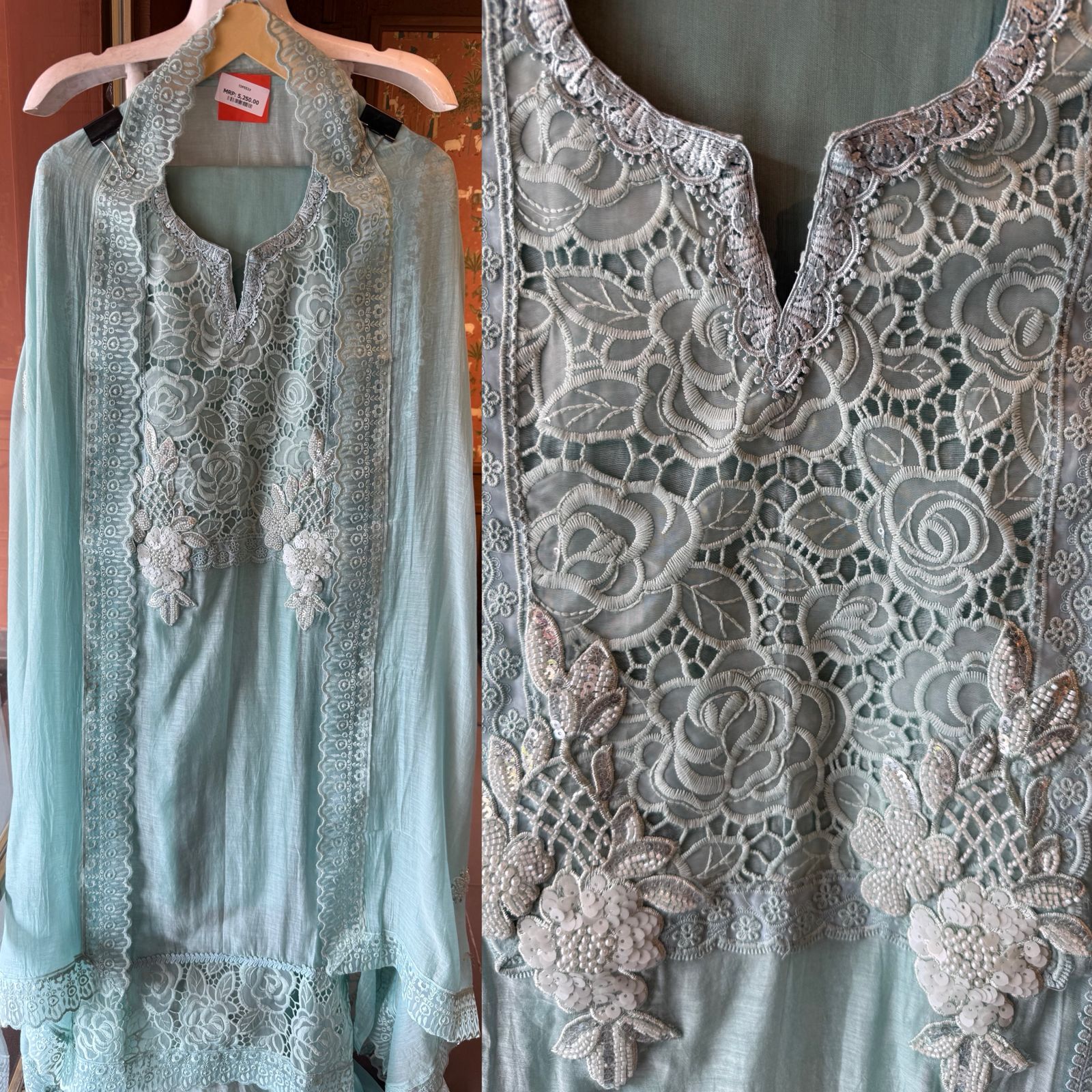 Rose Lace Embroidered Elegant Unstitched Suit Set