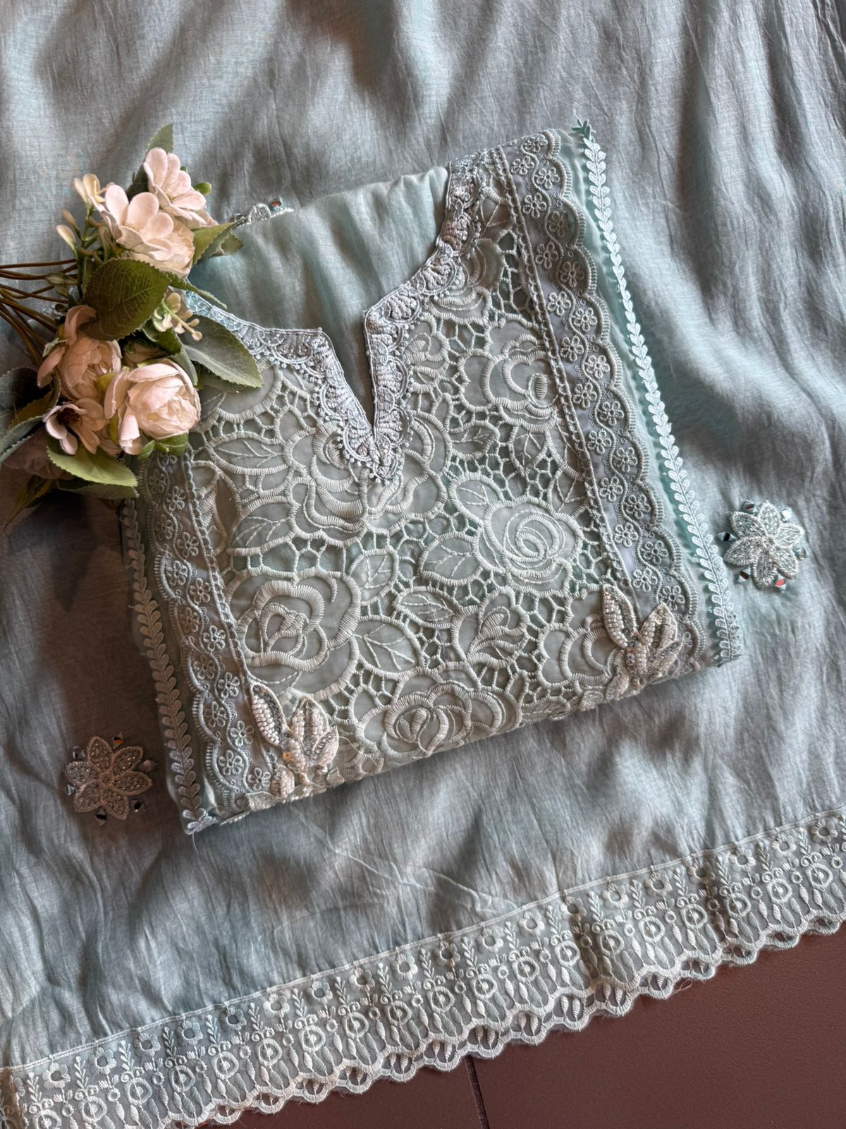 Rose Lace Embroidered Elegant Unstitched Suit Set