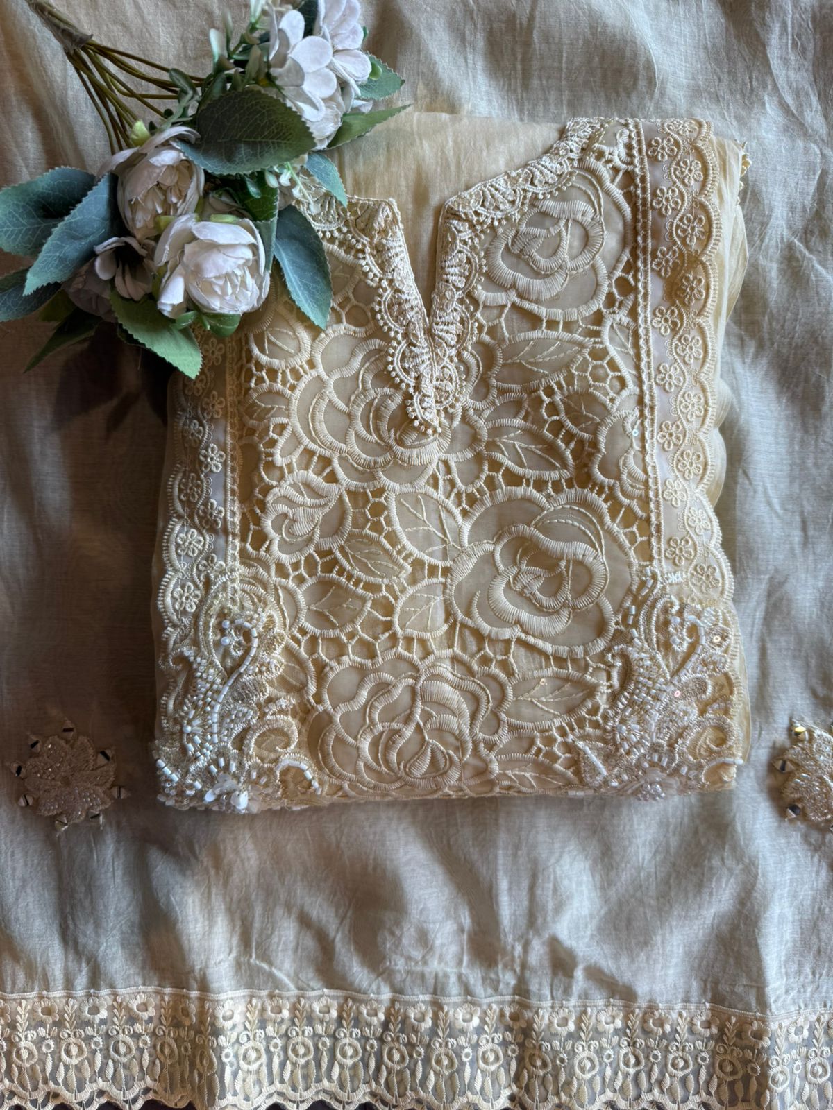 Rose Lace Embroidered Elegant Unstitched Suit Set