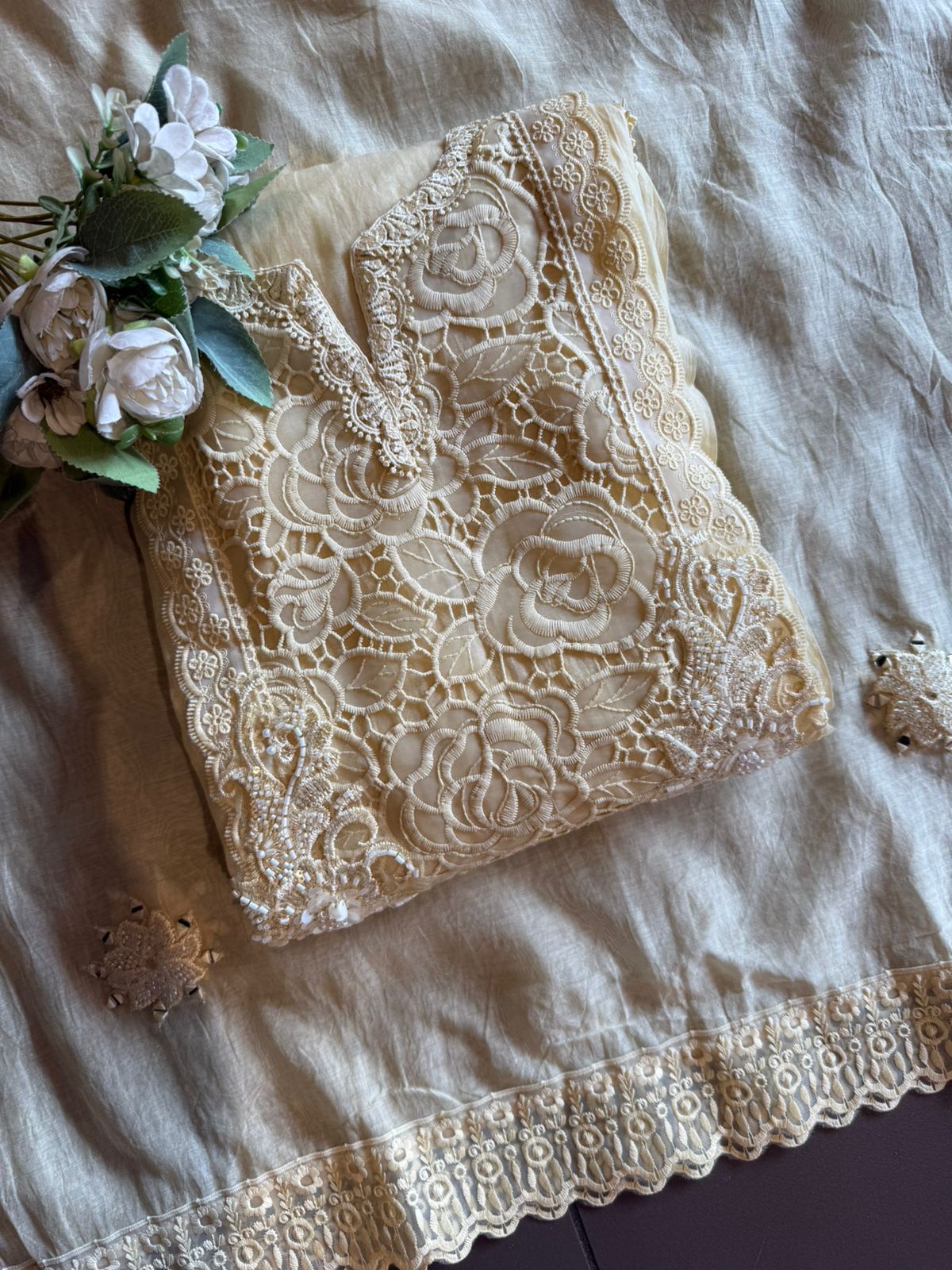 Rose Lace Embroidered Elegant Unstitched Suit Set