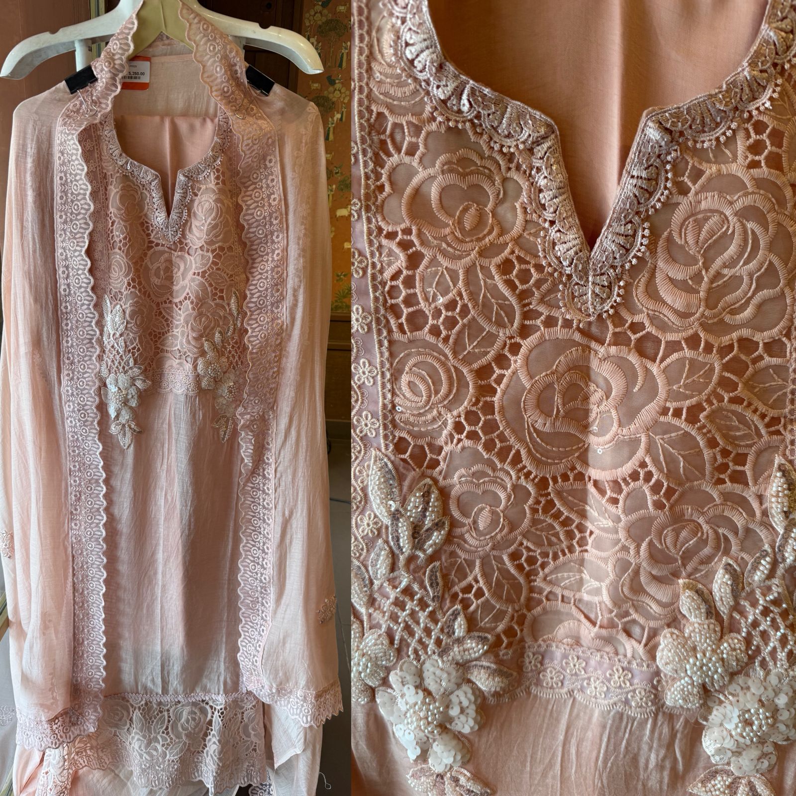 Rose Lace Embroidered Elegant Unstitched Suit Set