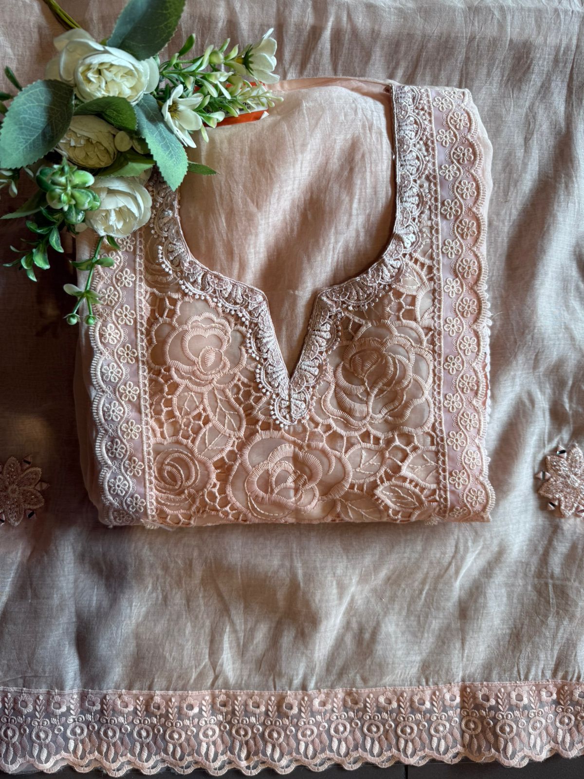 Rose Lace Embroidered Elegant Unstitched Suit Set