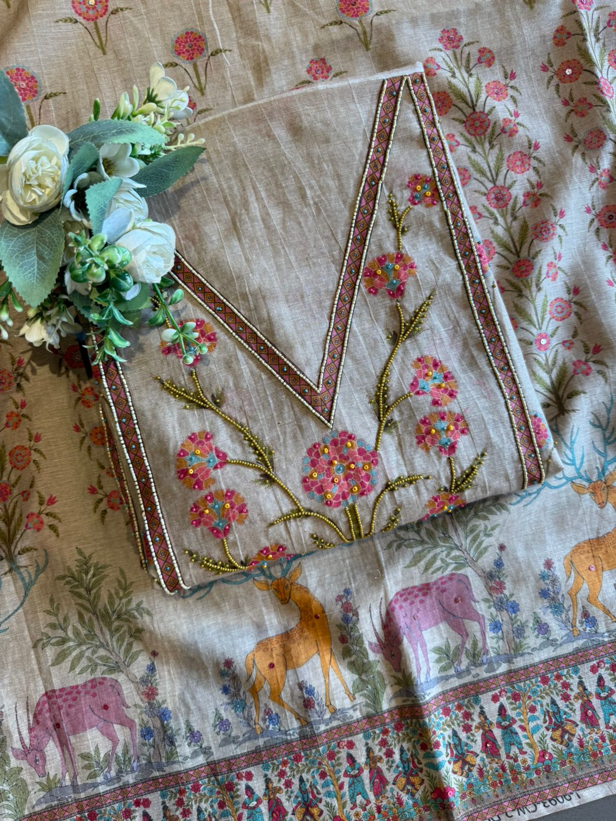 Beautiful suit on KHAADI Cotton with PICHWAI design