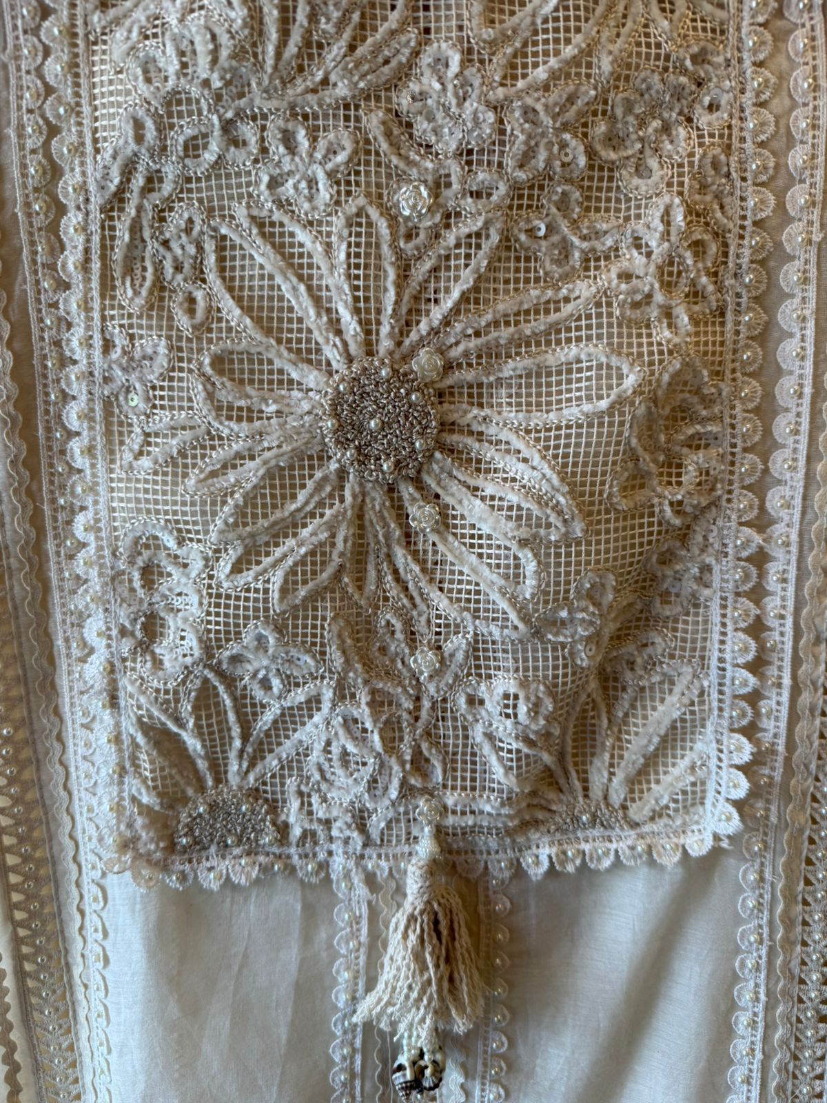 Ivory Jaali Net Floral Handwork Kurta