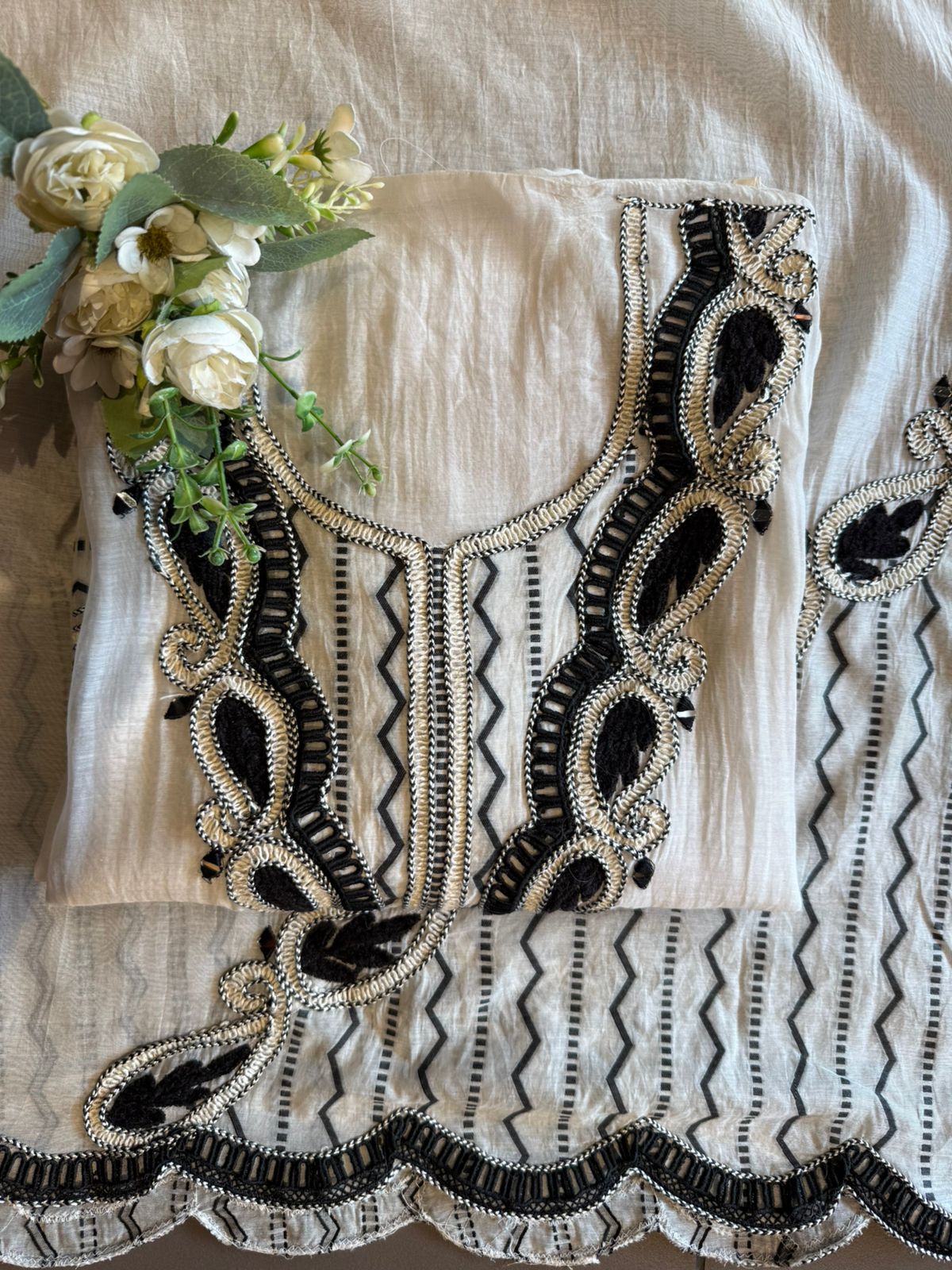 Black & off white Contrast Embroidered Suit set