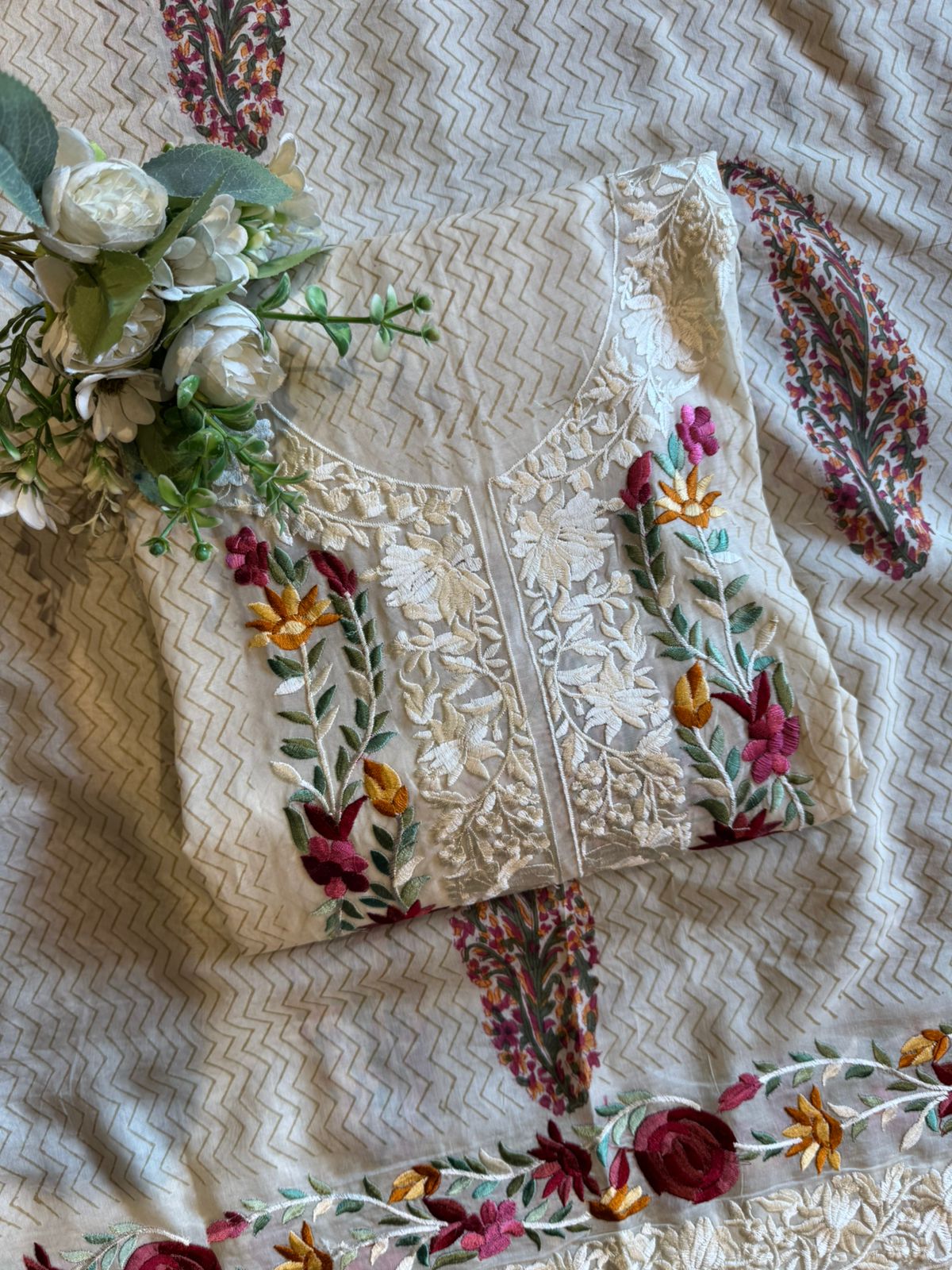Off-White Floral Garden Embroidered Set