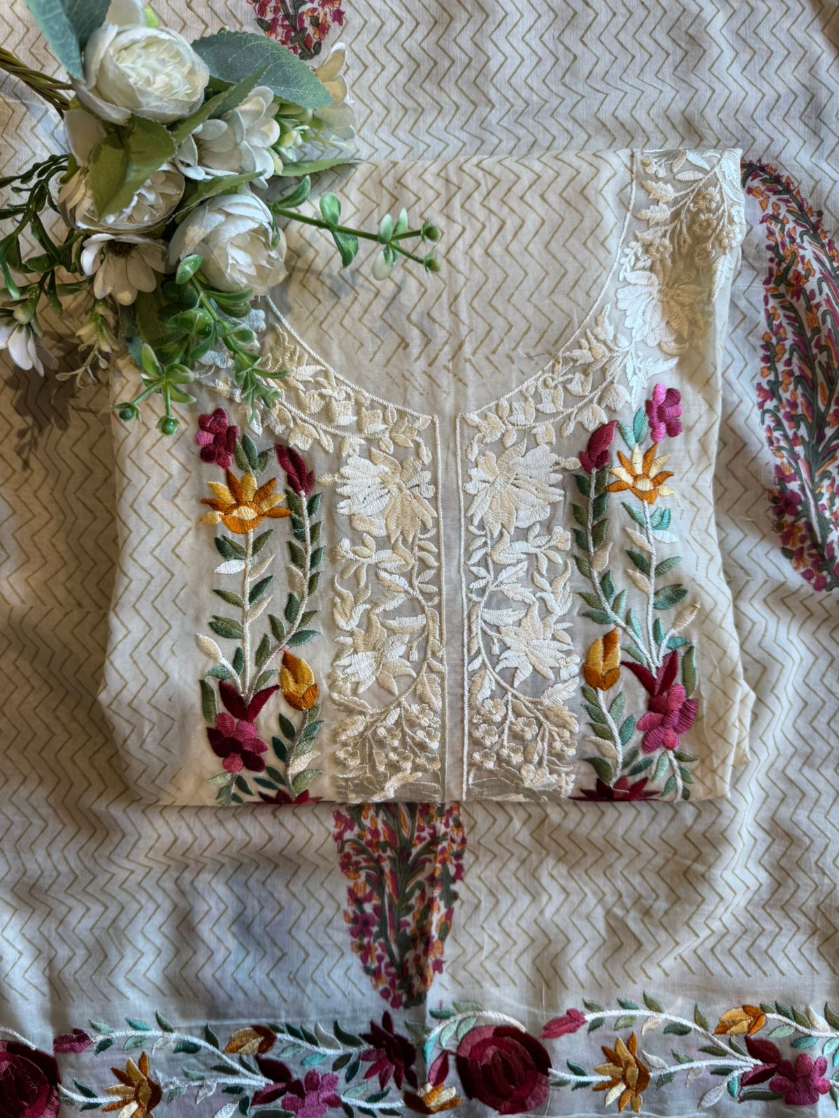 Off-White Floral Garden Embroidered Set