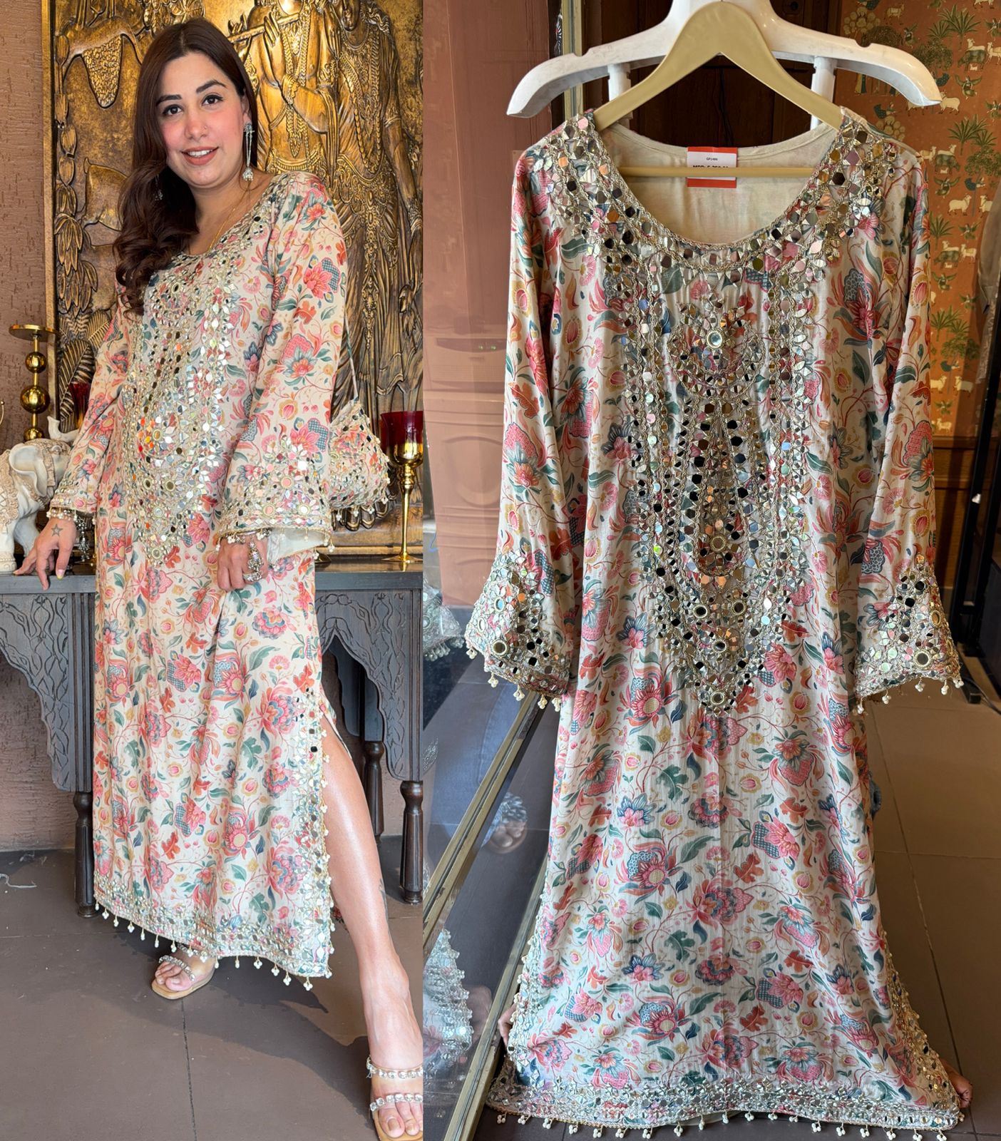 Pastel Floral Mirror-Embellished Long Dress