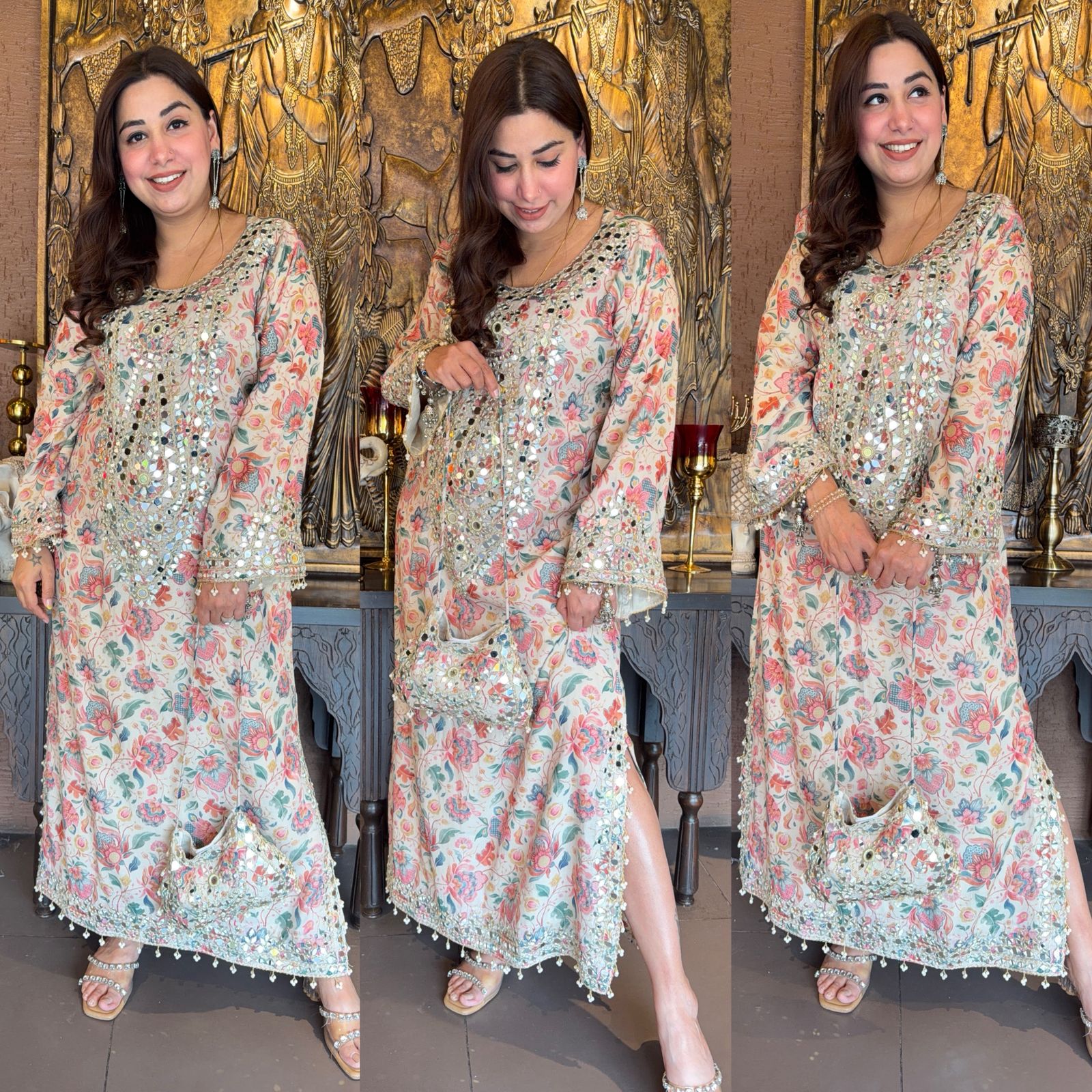 Pastel Floral Mirror-Embellished Long Dress