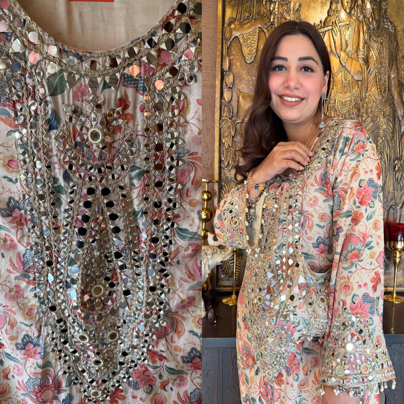 Pastel Floral Mirror-Embellished Long Dress