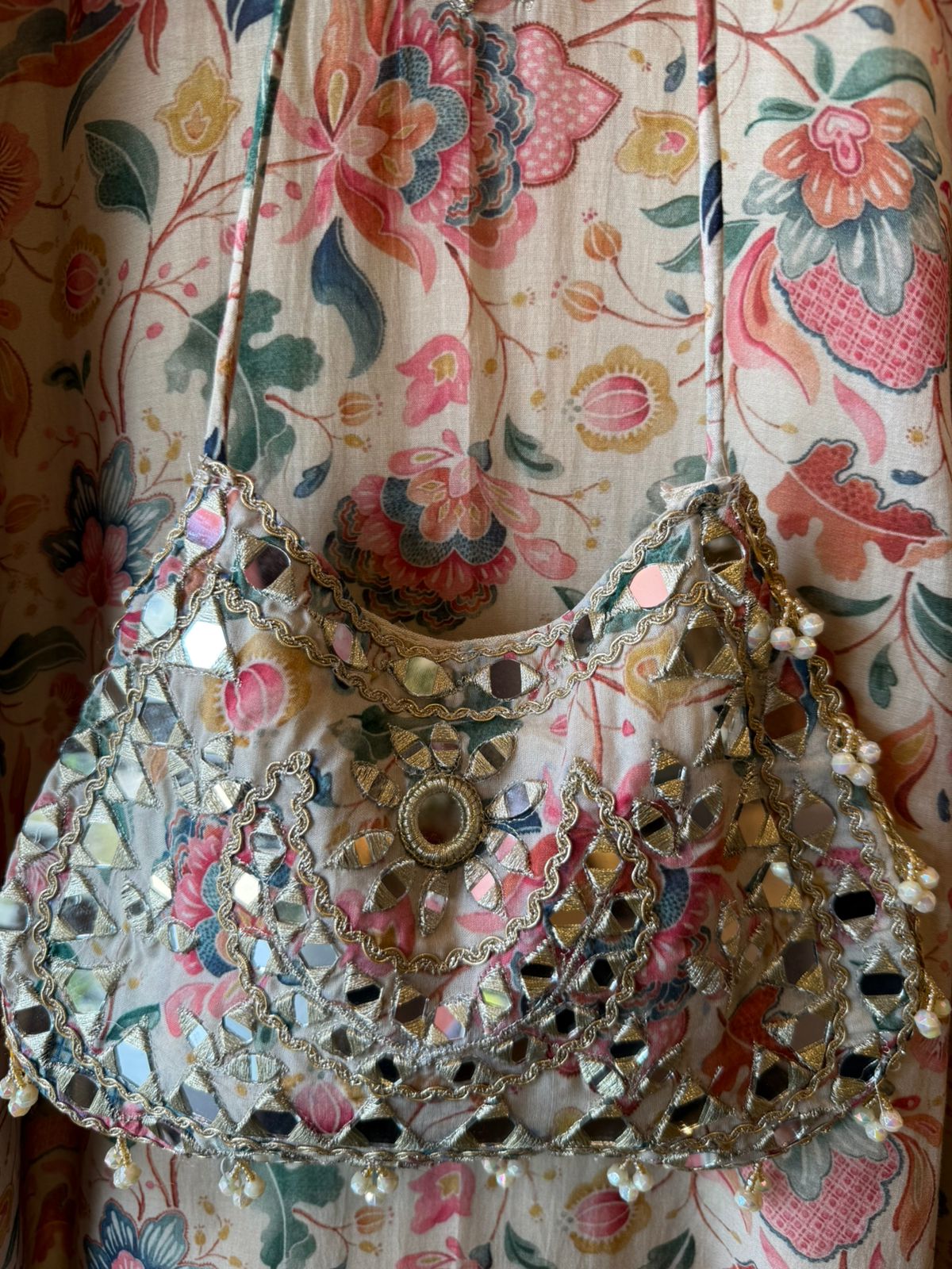 Pastel Floral Mirror-Embellished Long Dress