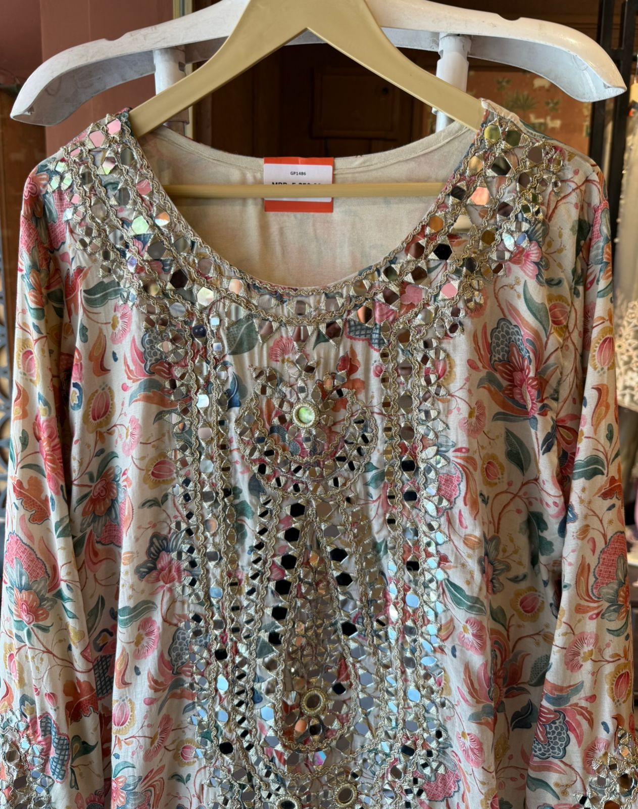 Pastel Floral Mirror-Embellished Long Dress