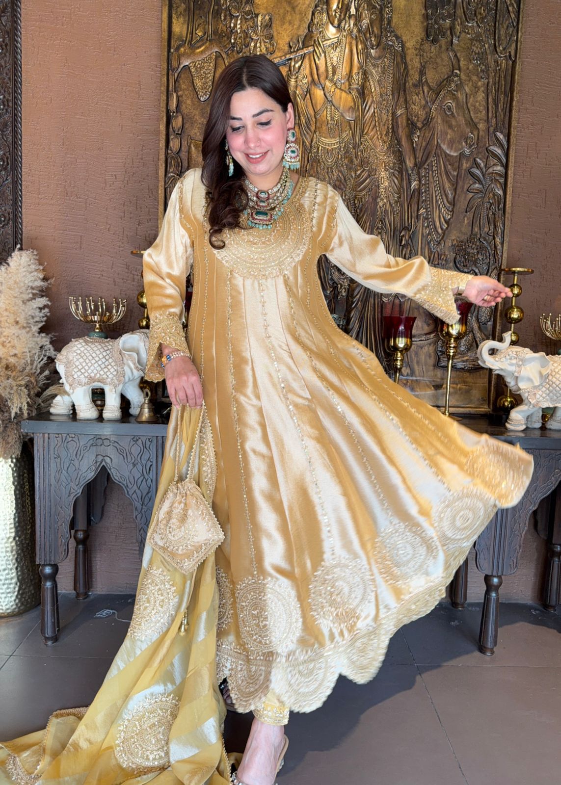 Anarkali suit in Giraffe tissue fabric