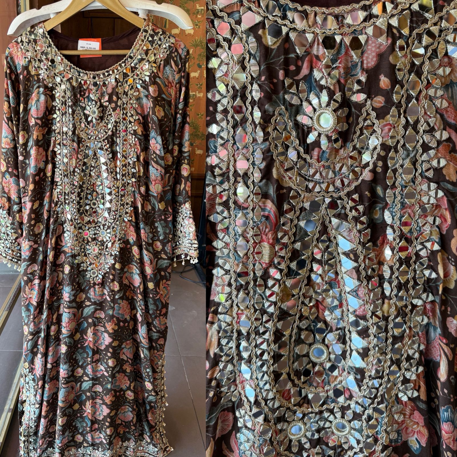 Pastel Floral Mirror-Embellished Long Dress