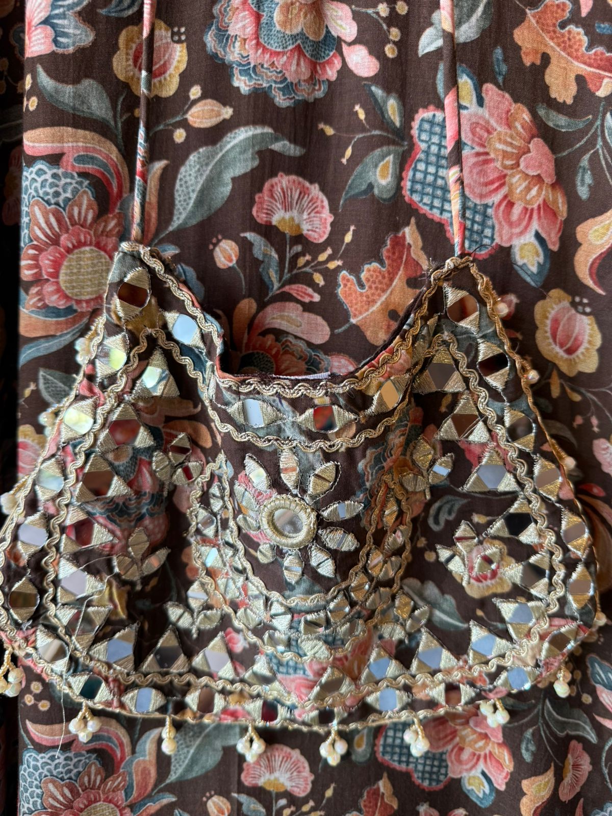 Pastel Floral Mirror-Embellished Long Dress