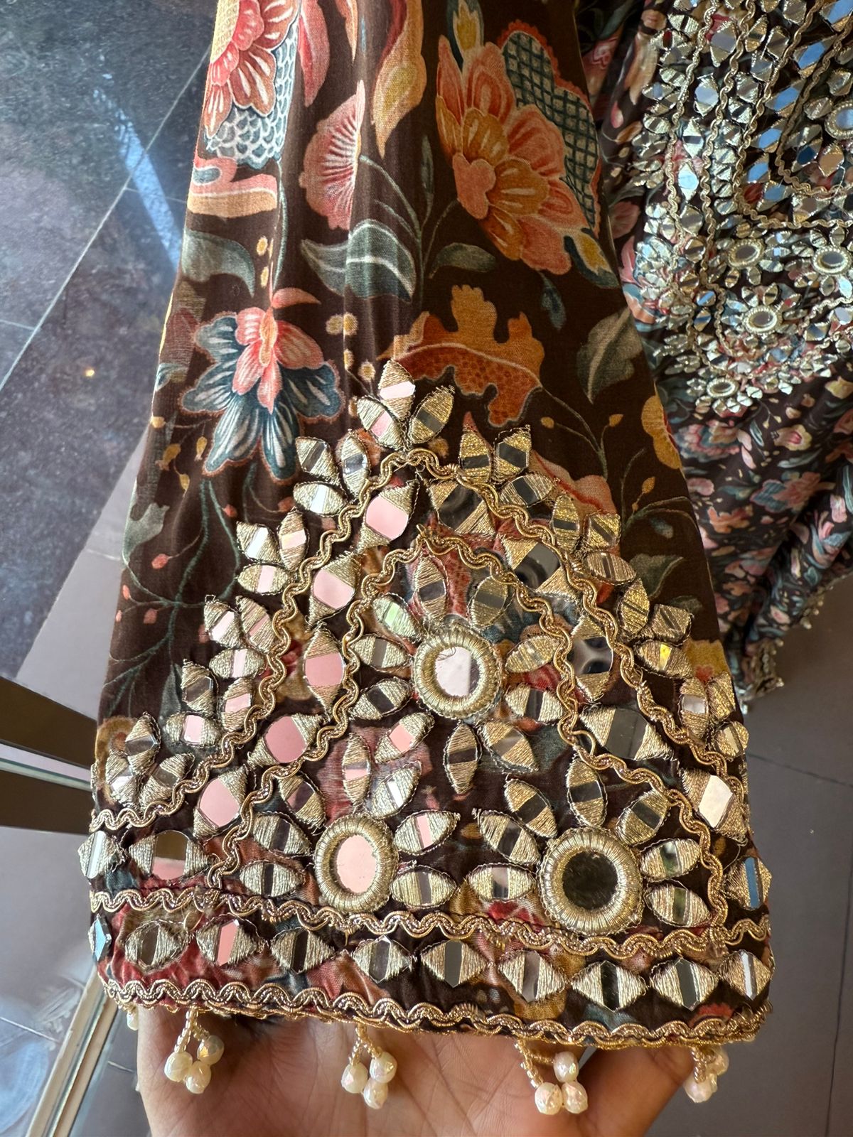 Pastel Floral Mirror-Embellished Long Dress