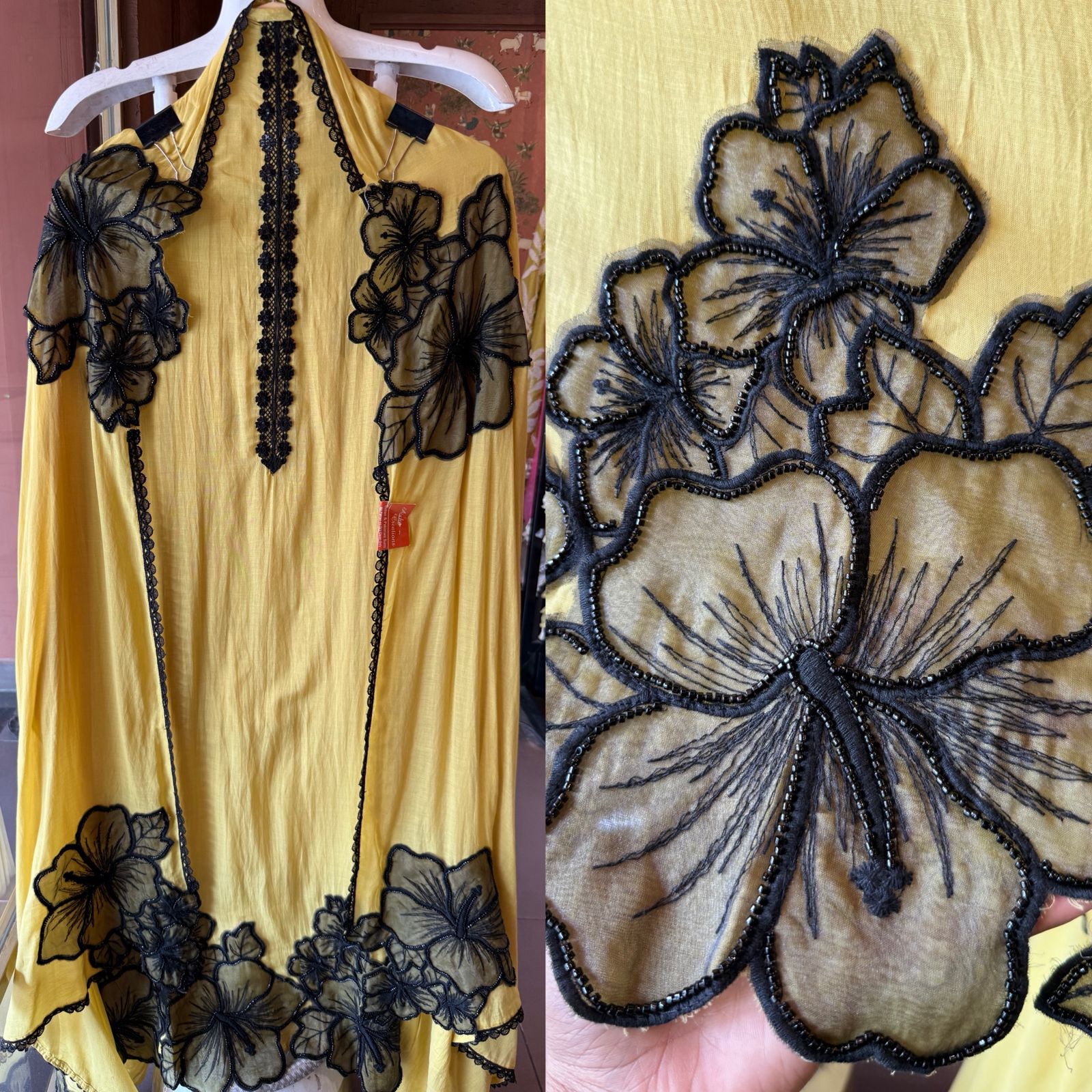 Graceful ensemble featuring large floral appliqué work with delicate thread
