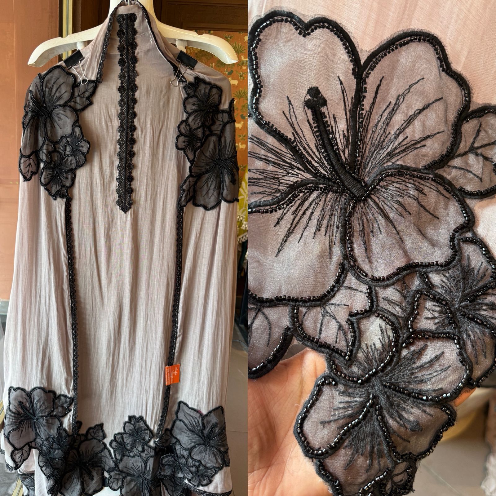 Graceful ensemble featuring large floral appliqué work with delicate thread