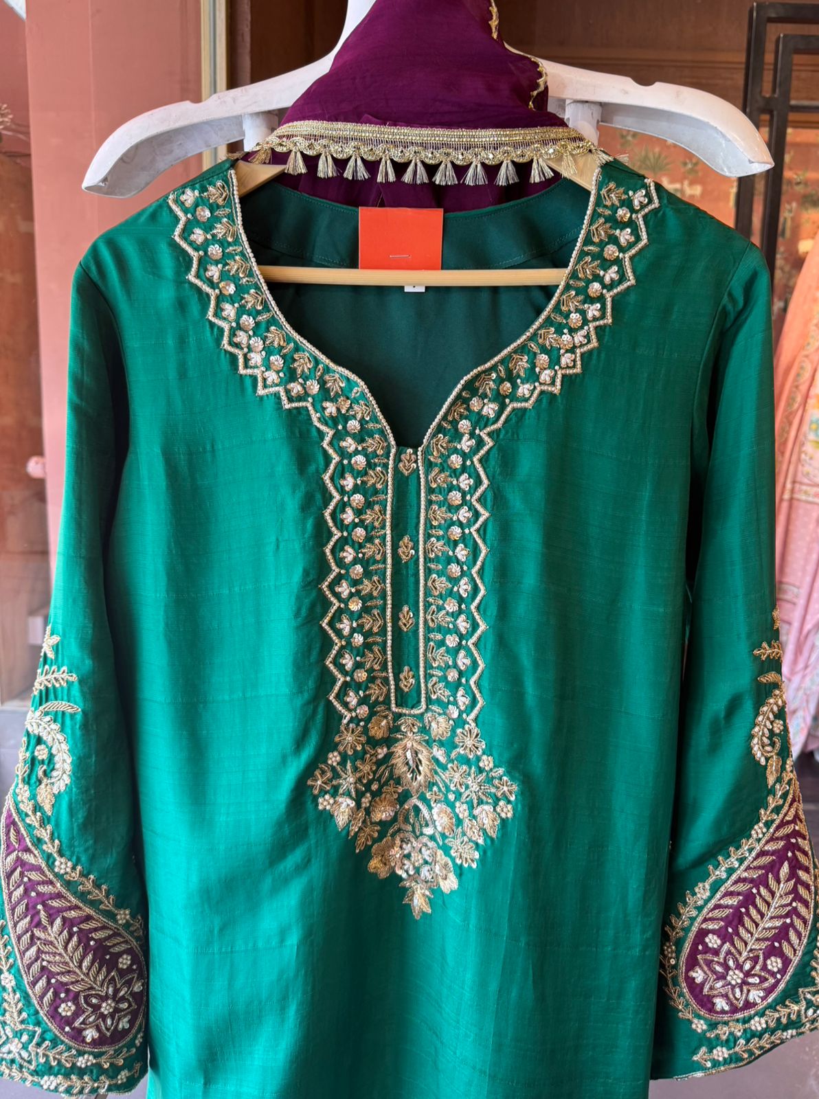 Royal Emerald Hand Embroidered Silk Suit