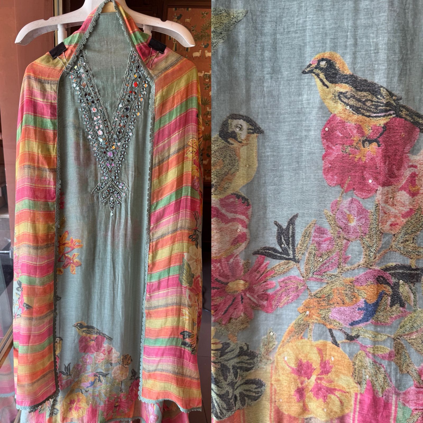 Floral Mirror Work Pastel Suit