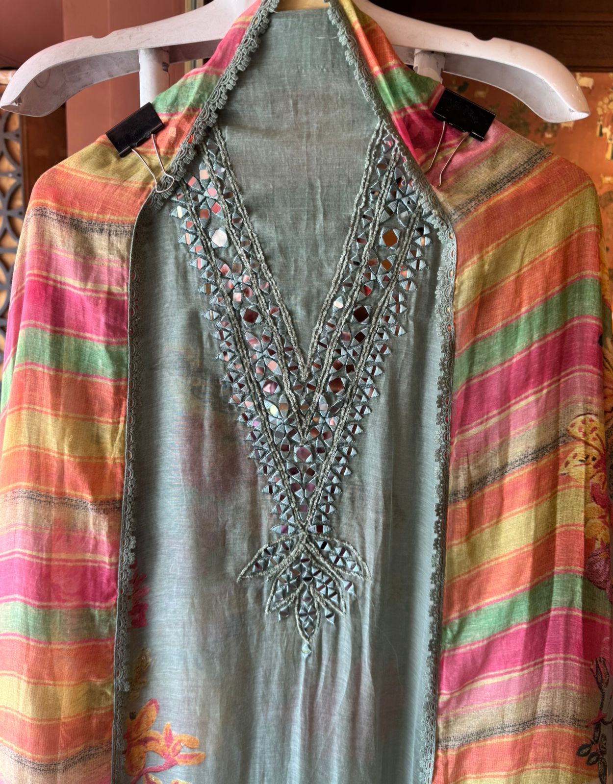 Floral Mirror Work Pastel Suit