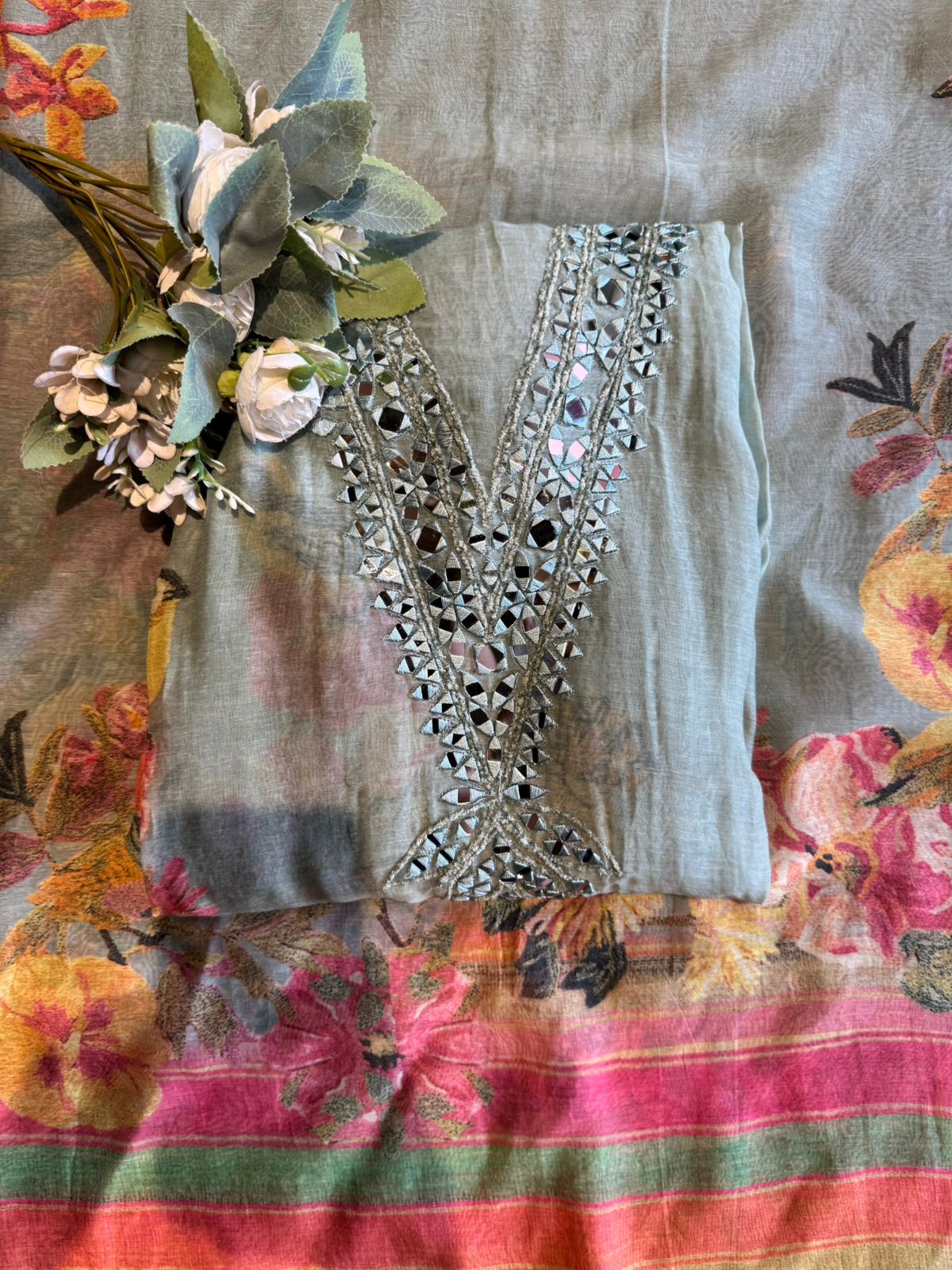 Floral Mirror Work Pastel Suit