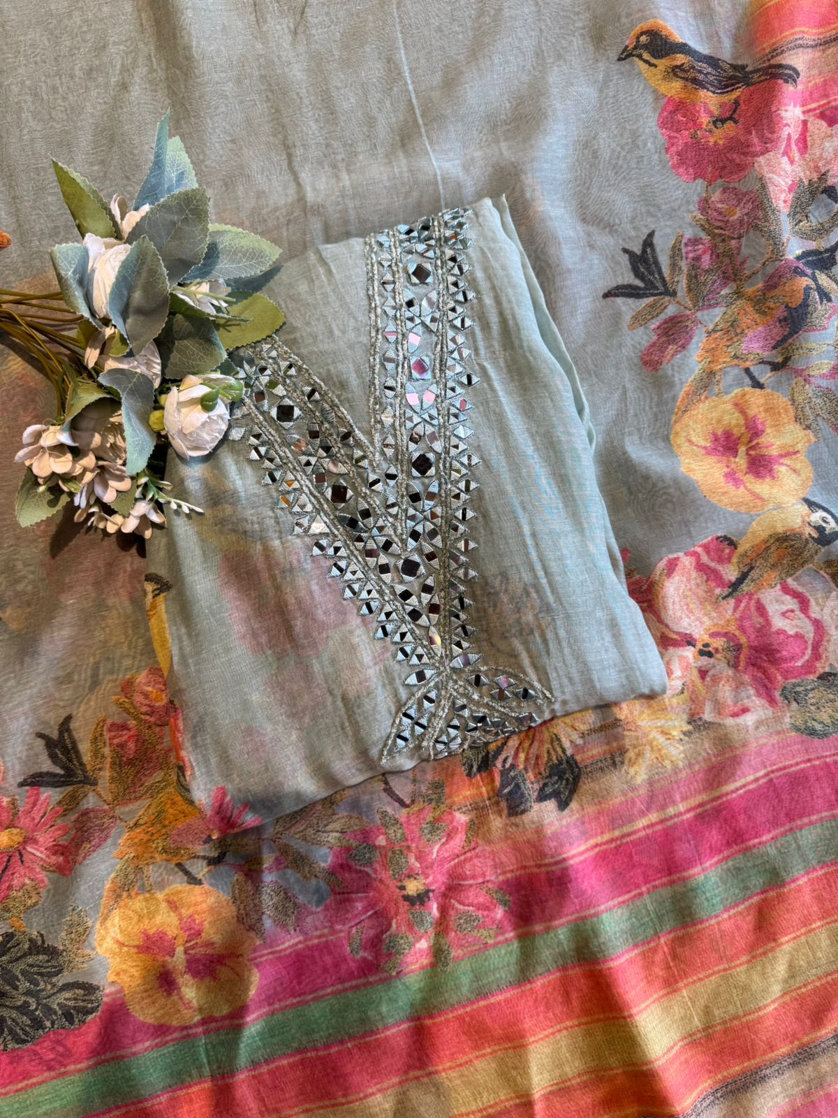 Floral Mirror Work Pastel Suit