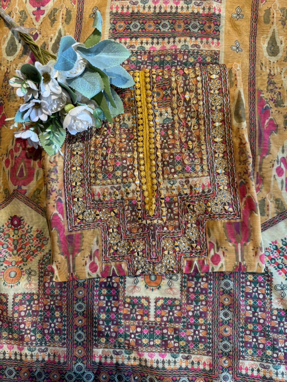 Mustard & Pink Ethnic Ikkat Printed Suit