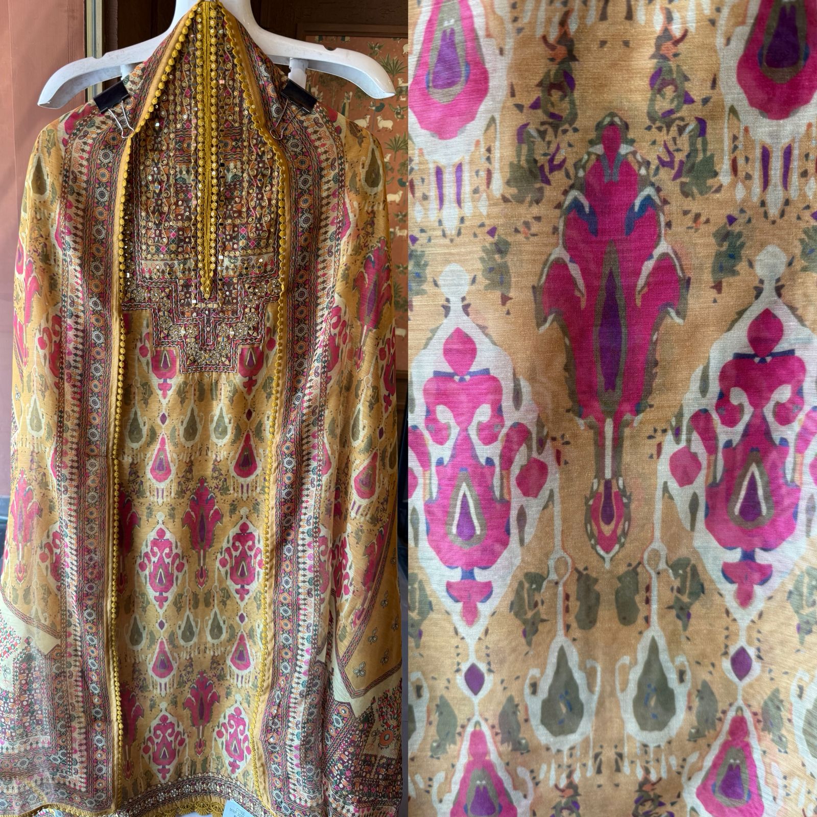 Mustard & Pink Ethnic Ikkat Printed Suit