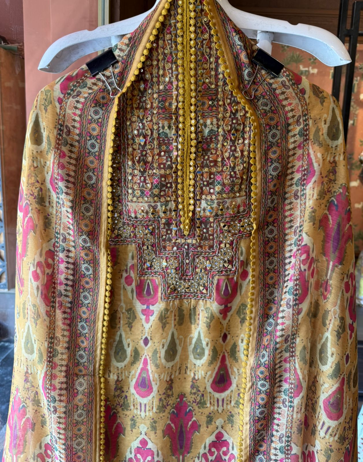 Mustard & Pink Ethnic Ikkat Printed Suit