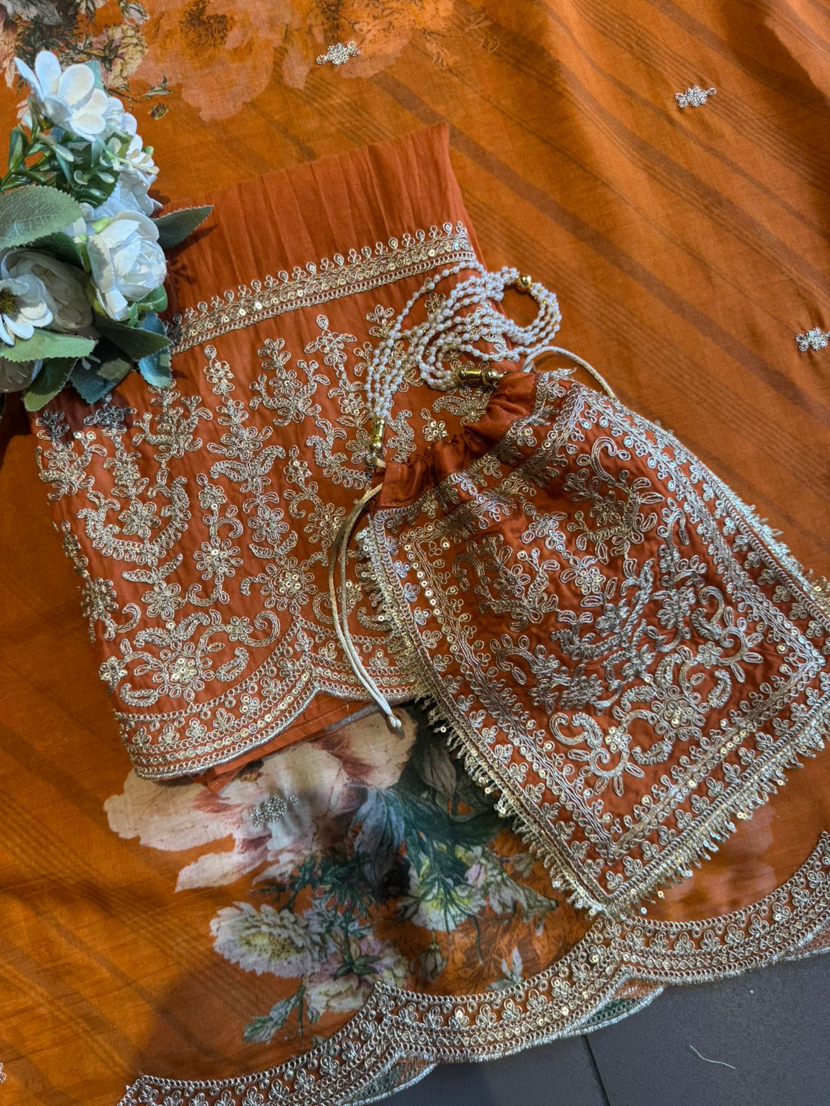 Floral Festive Suit with Potli