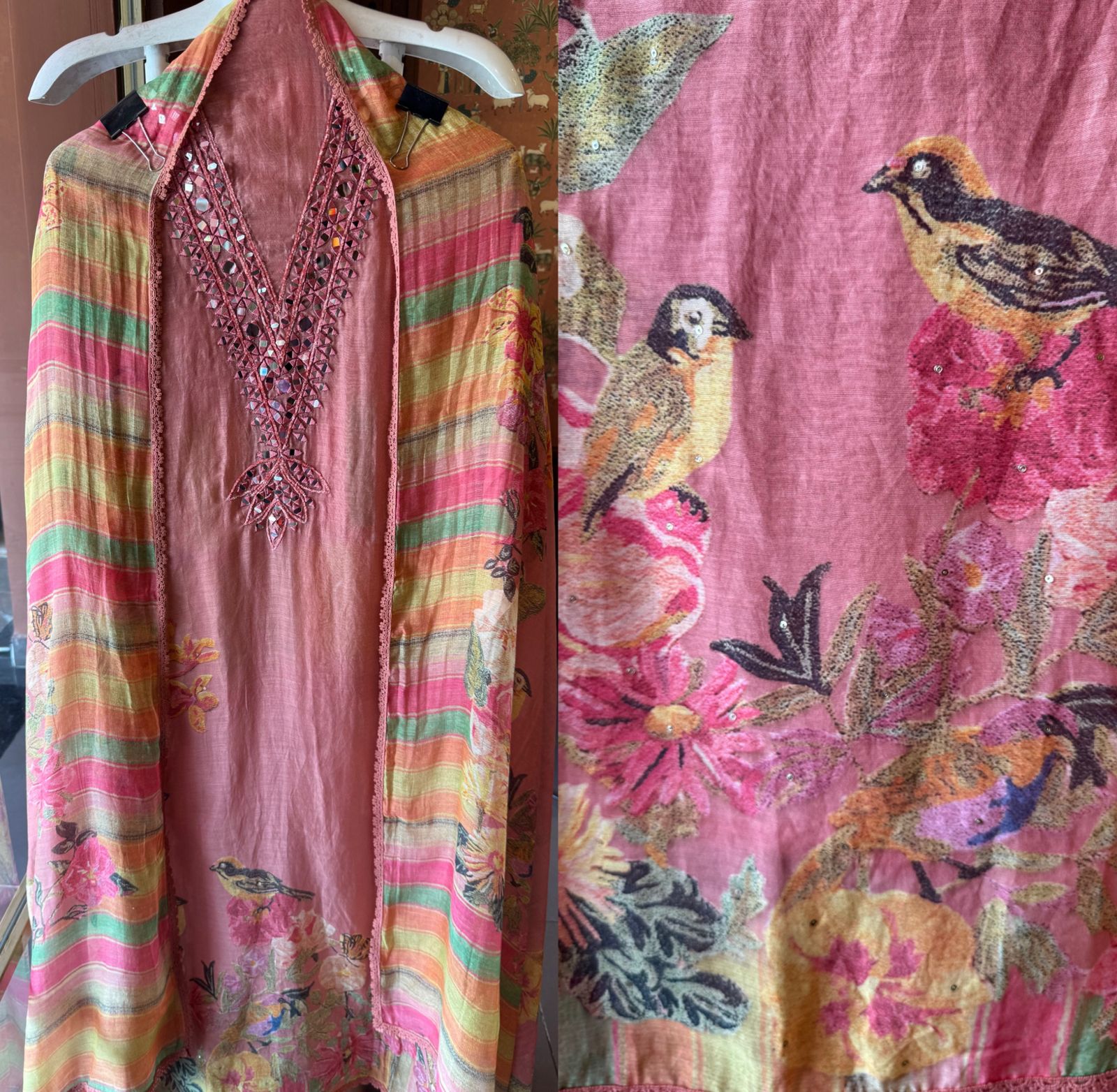 Floral Mirror Work Pastel Suit