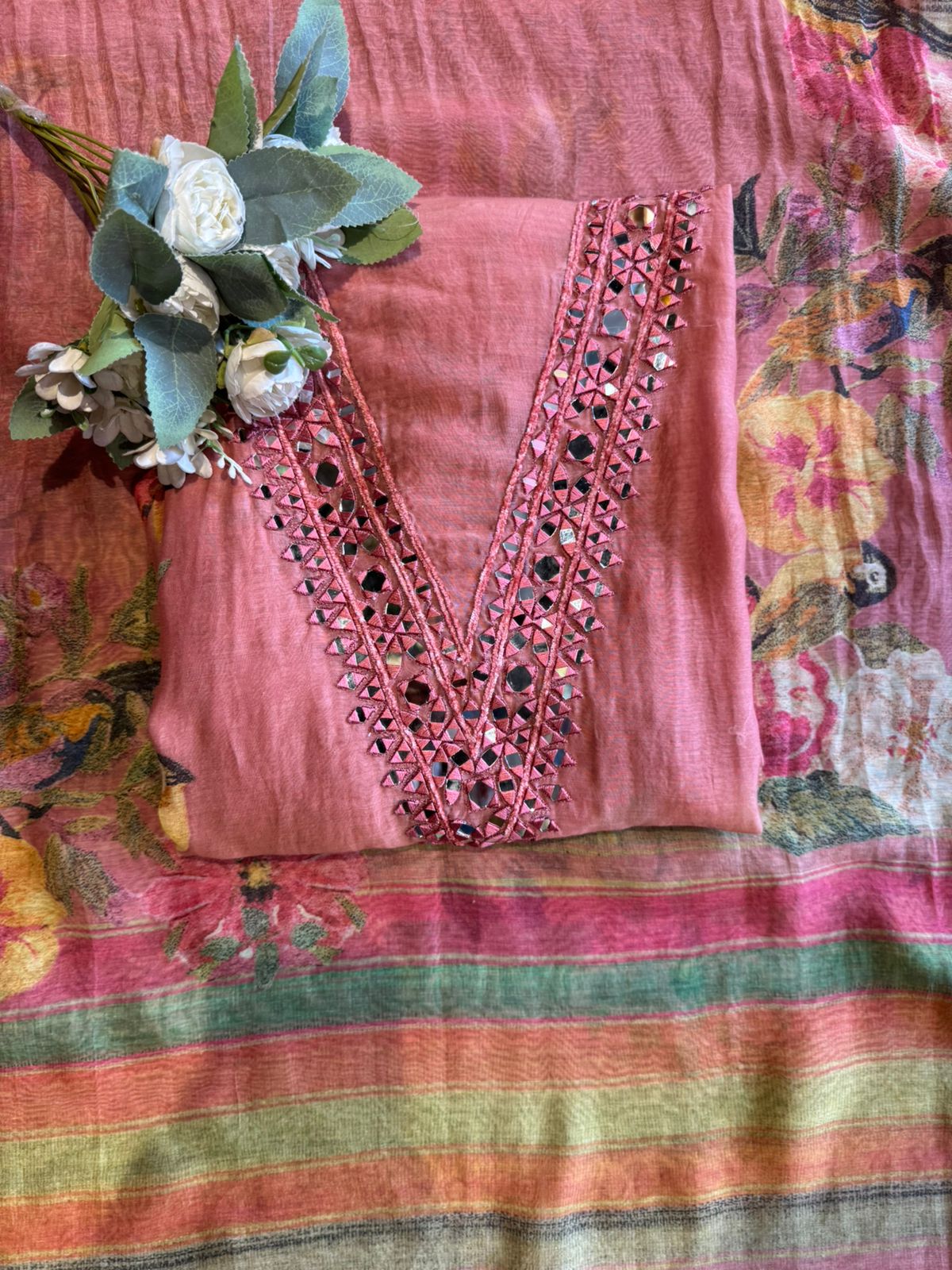 Floral Mirror Work Pastel Suit