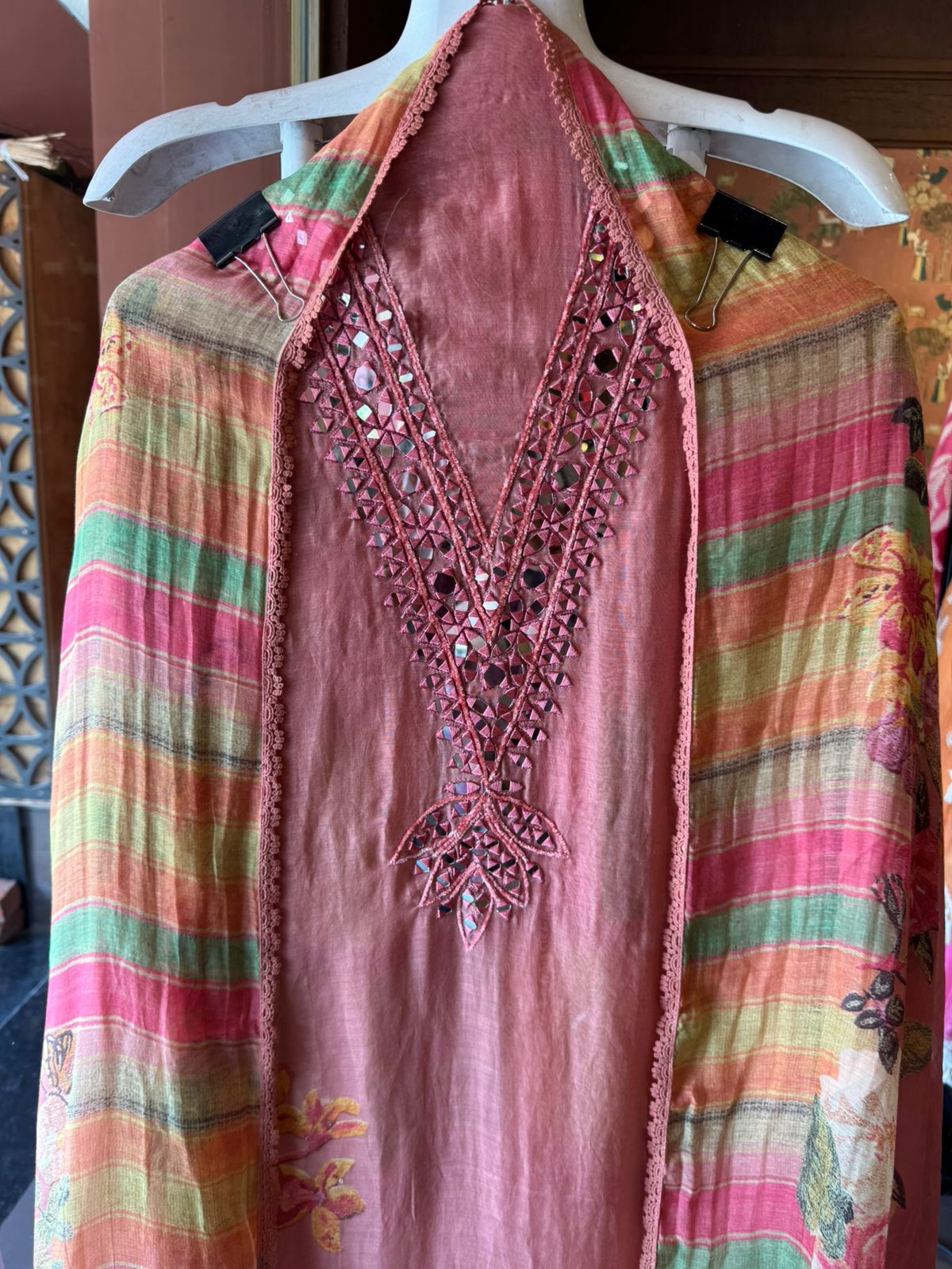 Floral Mirror Work Pastel Suit