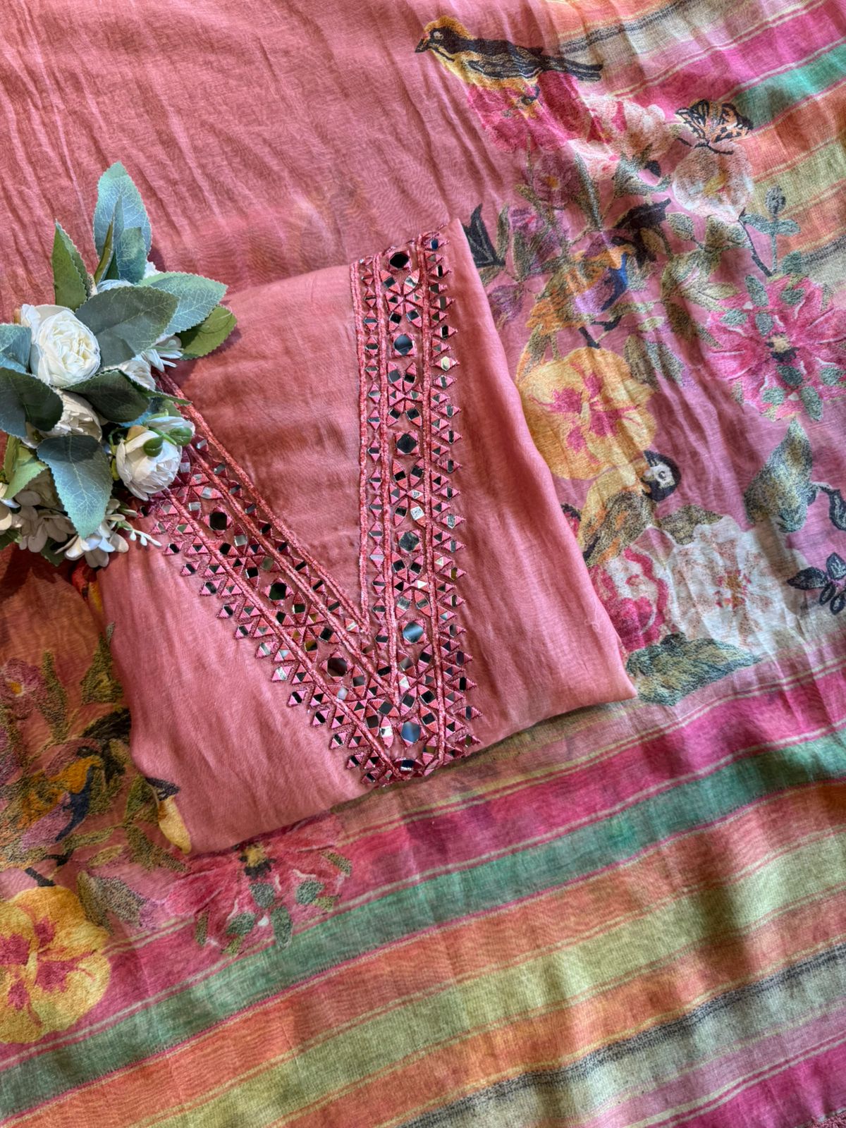 Floral Mirror Work Pastel Suit