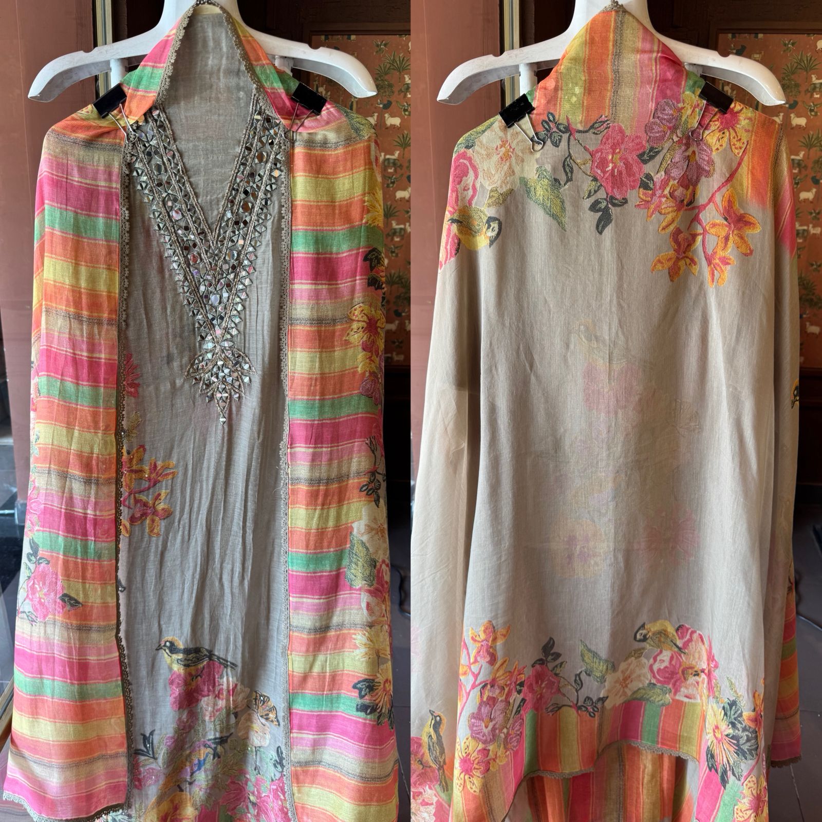 Floral Mirror Work Pastel Suit