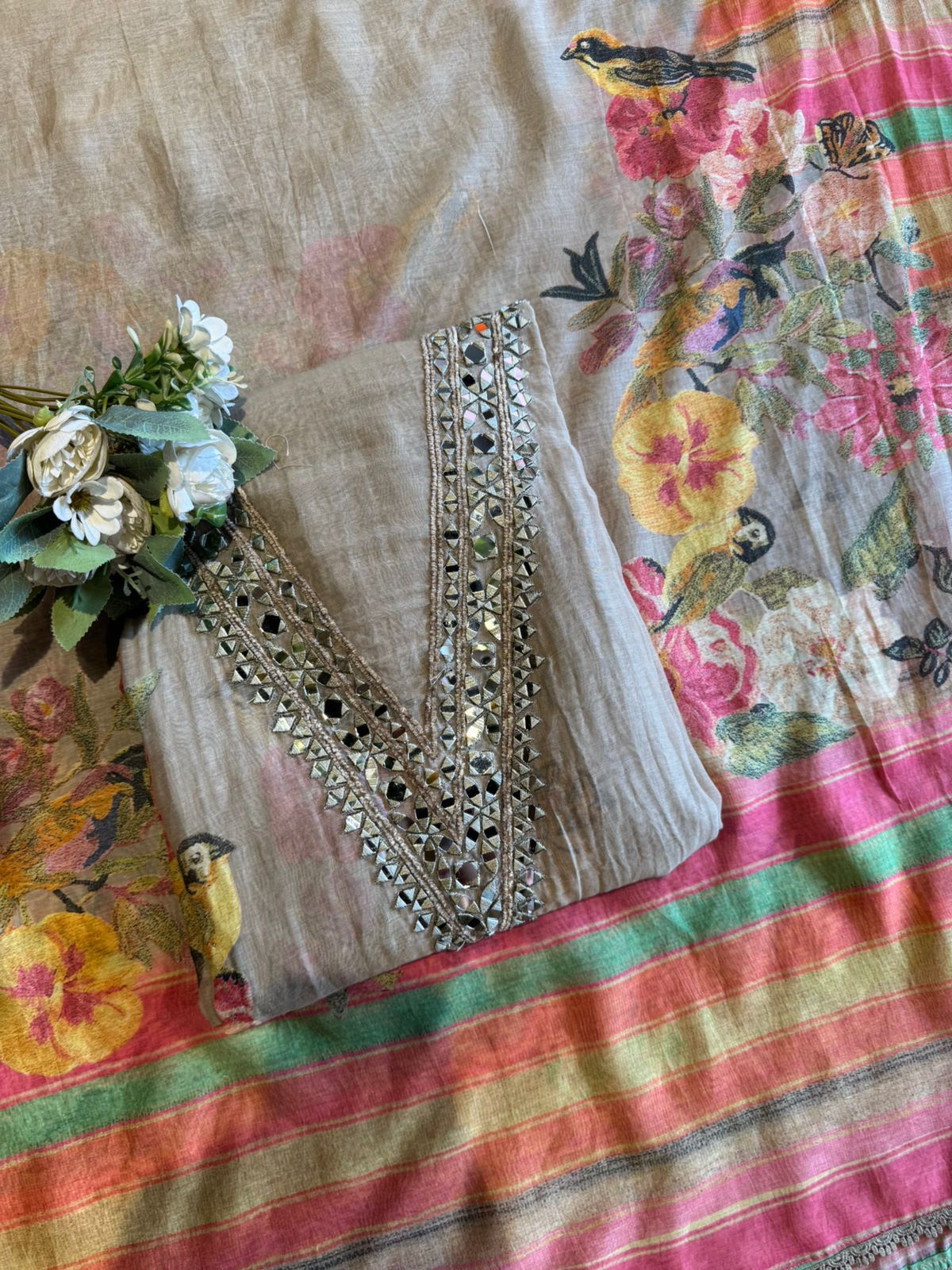 Floral Mirror Work Pastel Suit