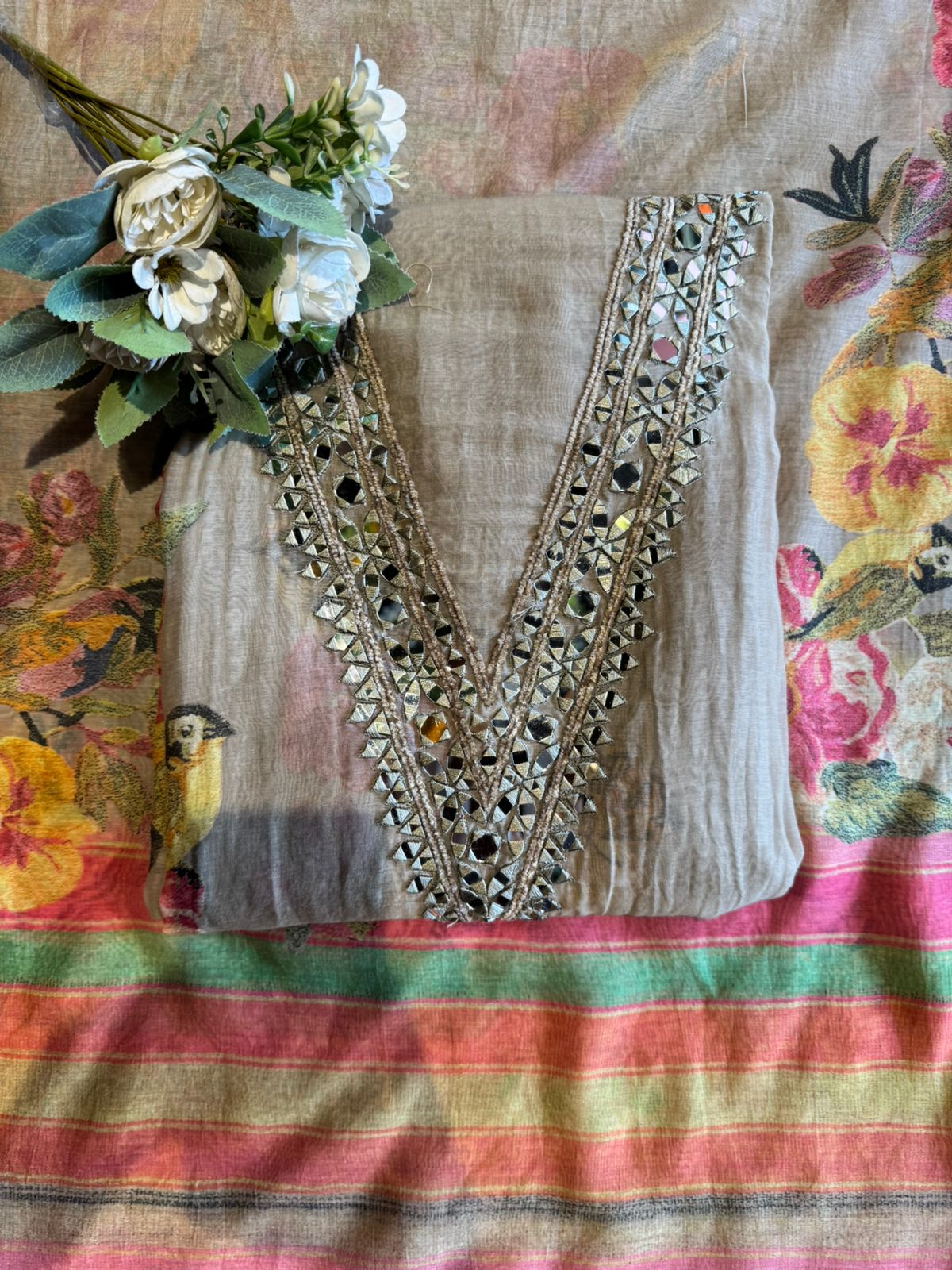 Floral Mirror Work Pastel Suit