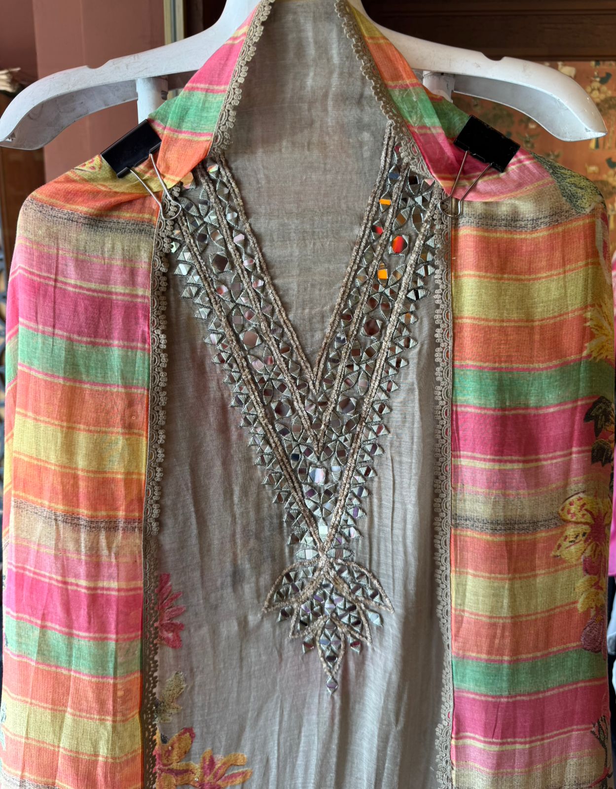 Floral Mirror Work Pastel Suit