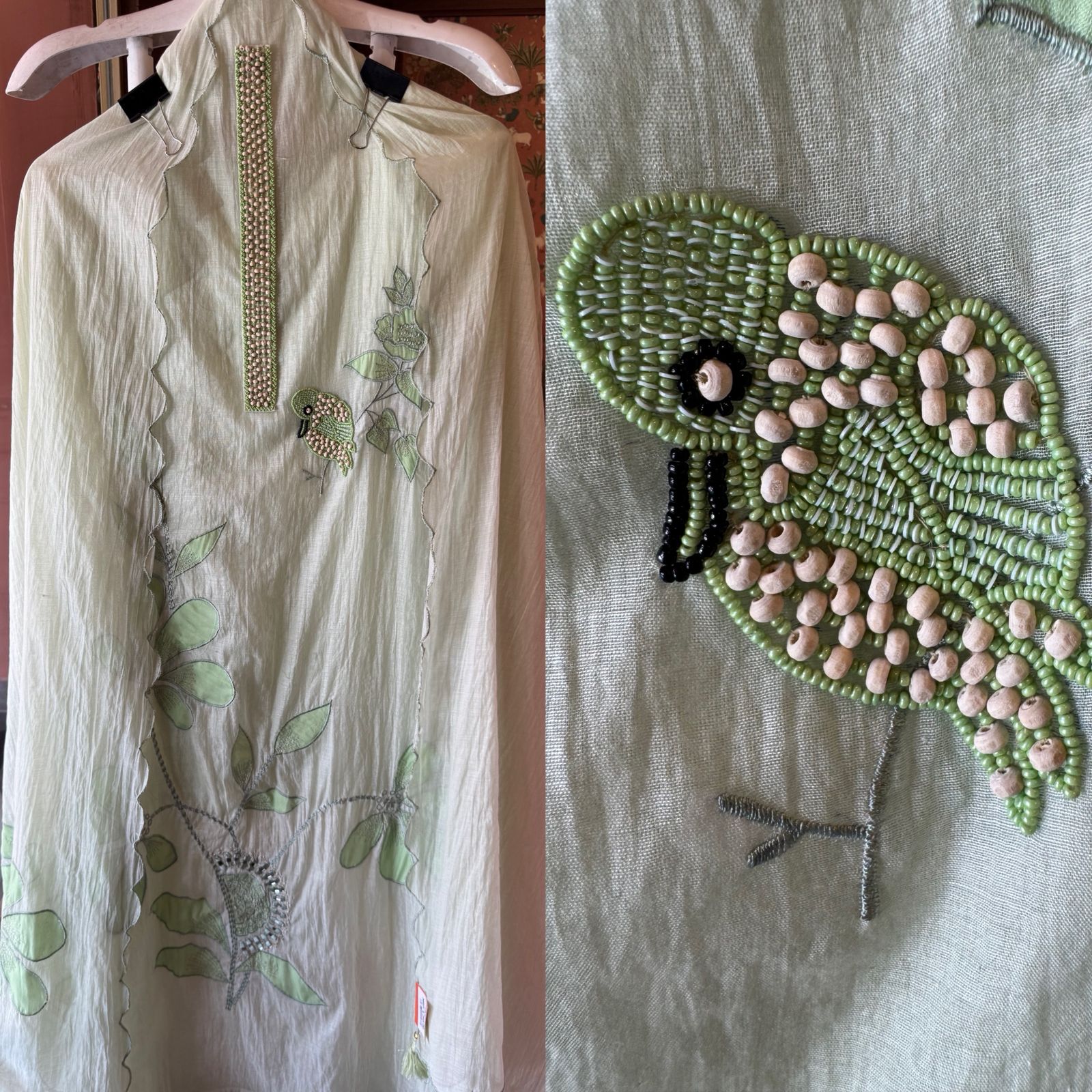 Sage Green Handcrafted Bird Motif Suit
