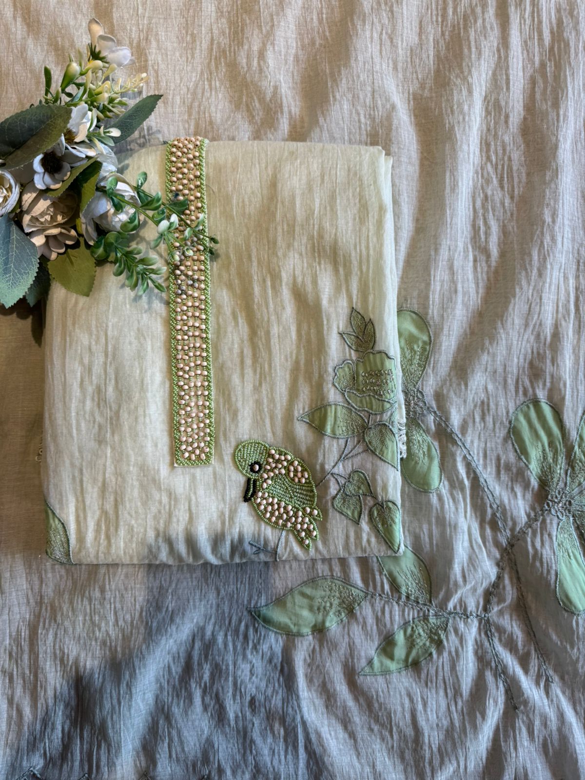 Sage Green Handcrafted Bird Motif Suit