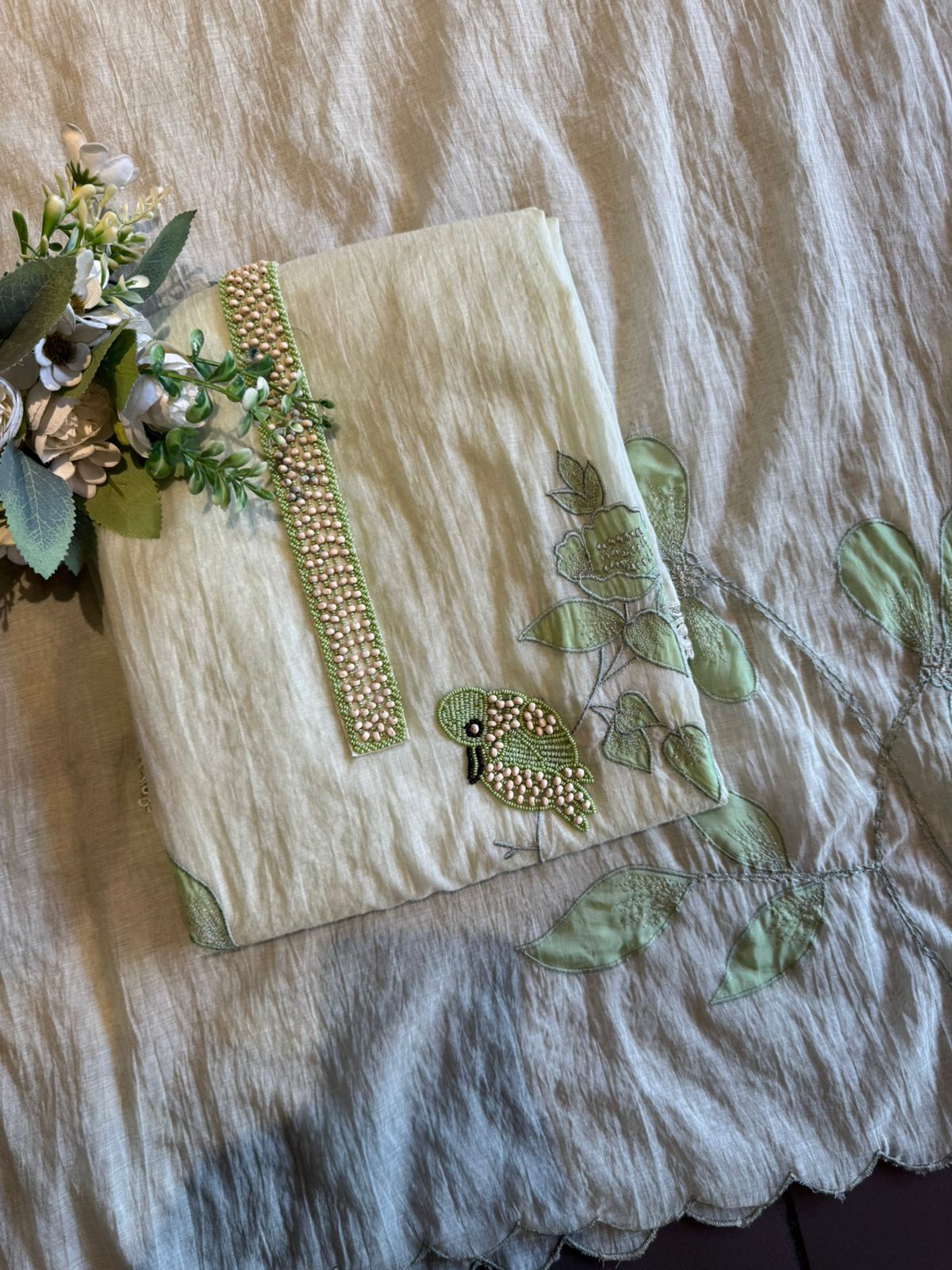 Sage Green Handcrafted Bird Motif Suit