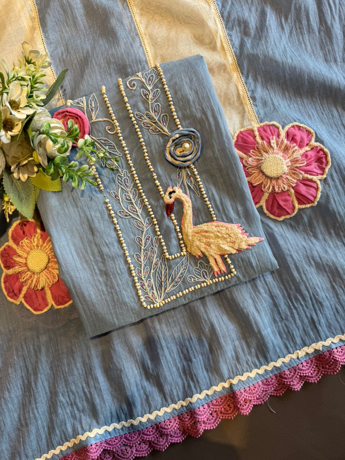 Flamingo Motif Embroidered Kurta