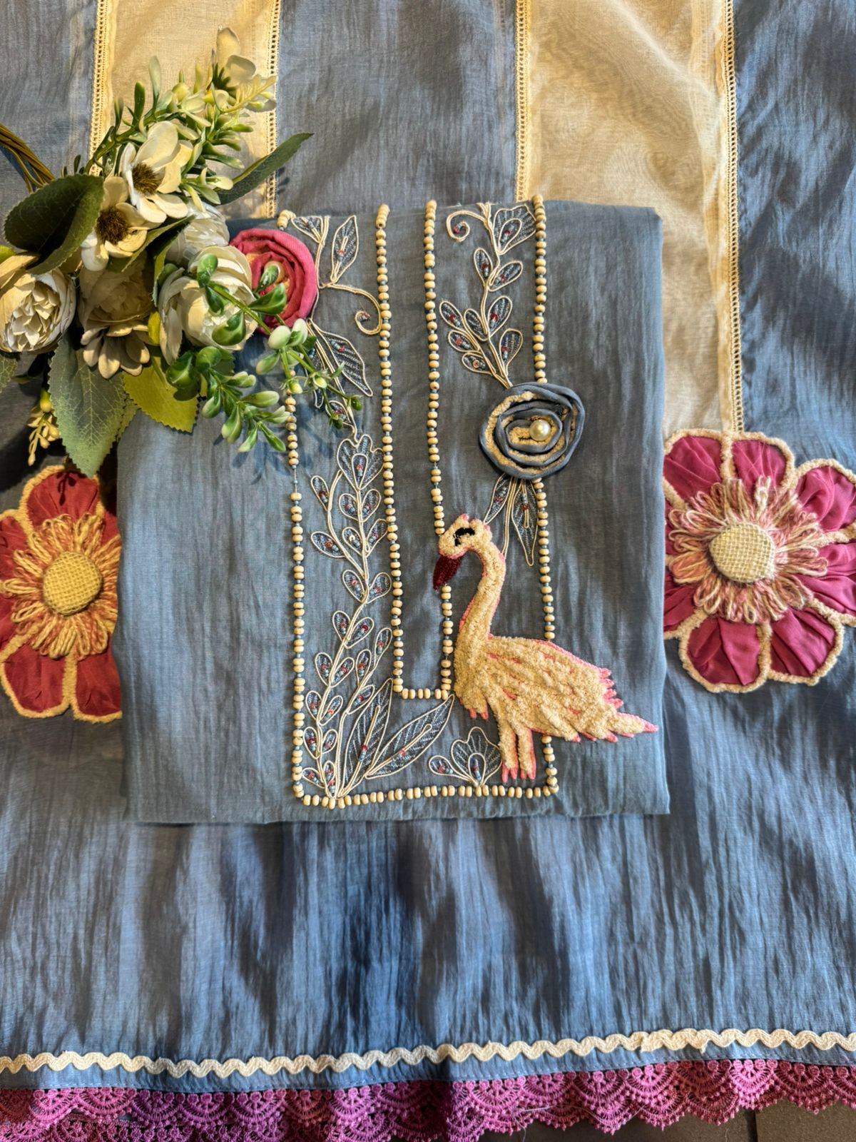 Flamingo Motif Embroidered Kurta