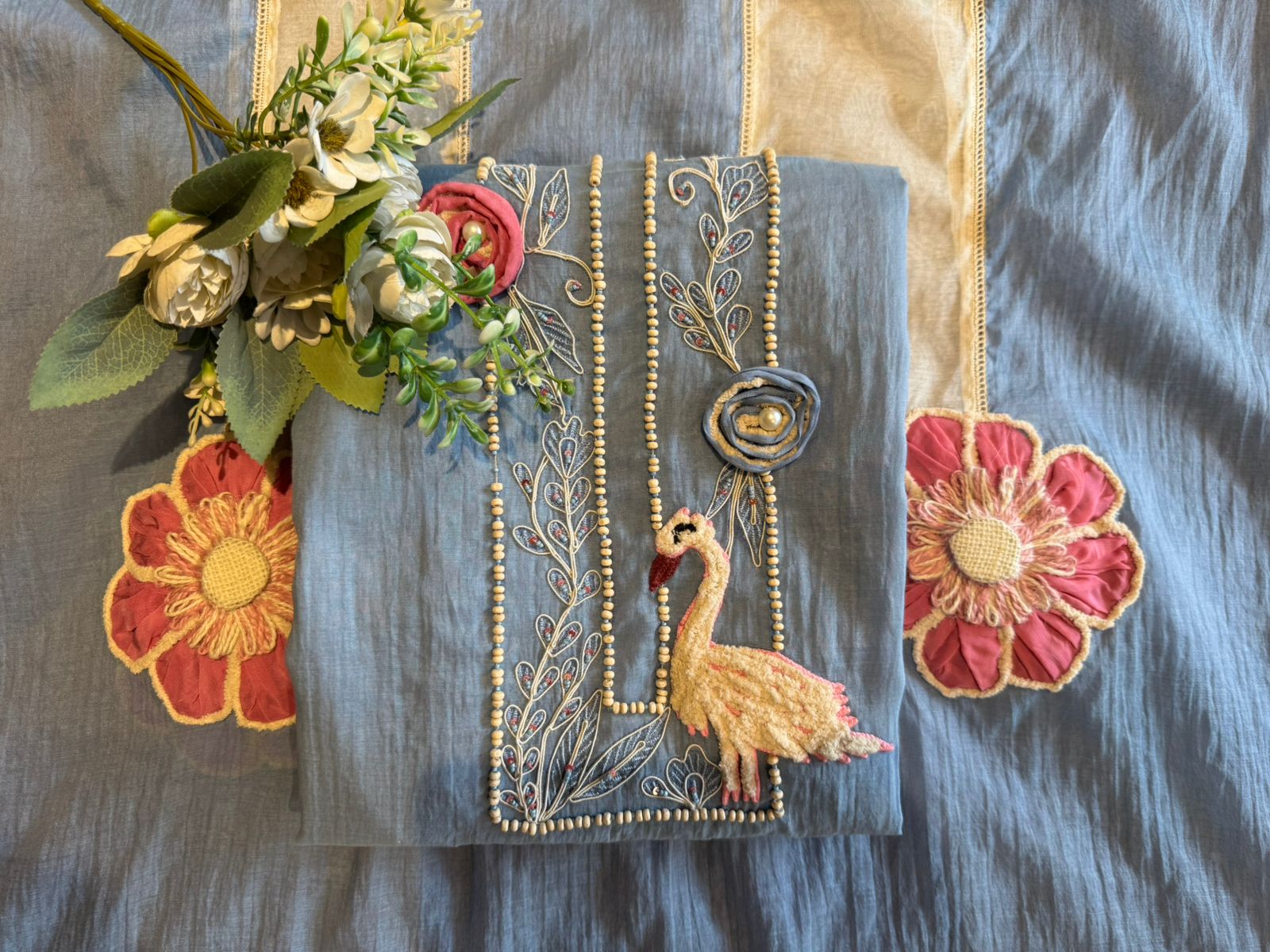 Flamingo Motif Embroidered Kurta