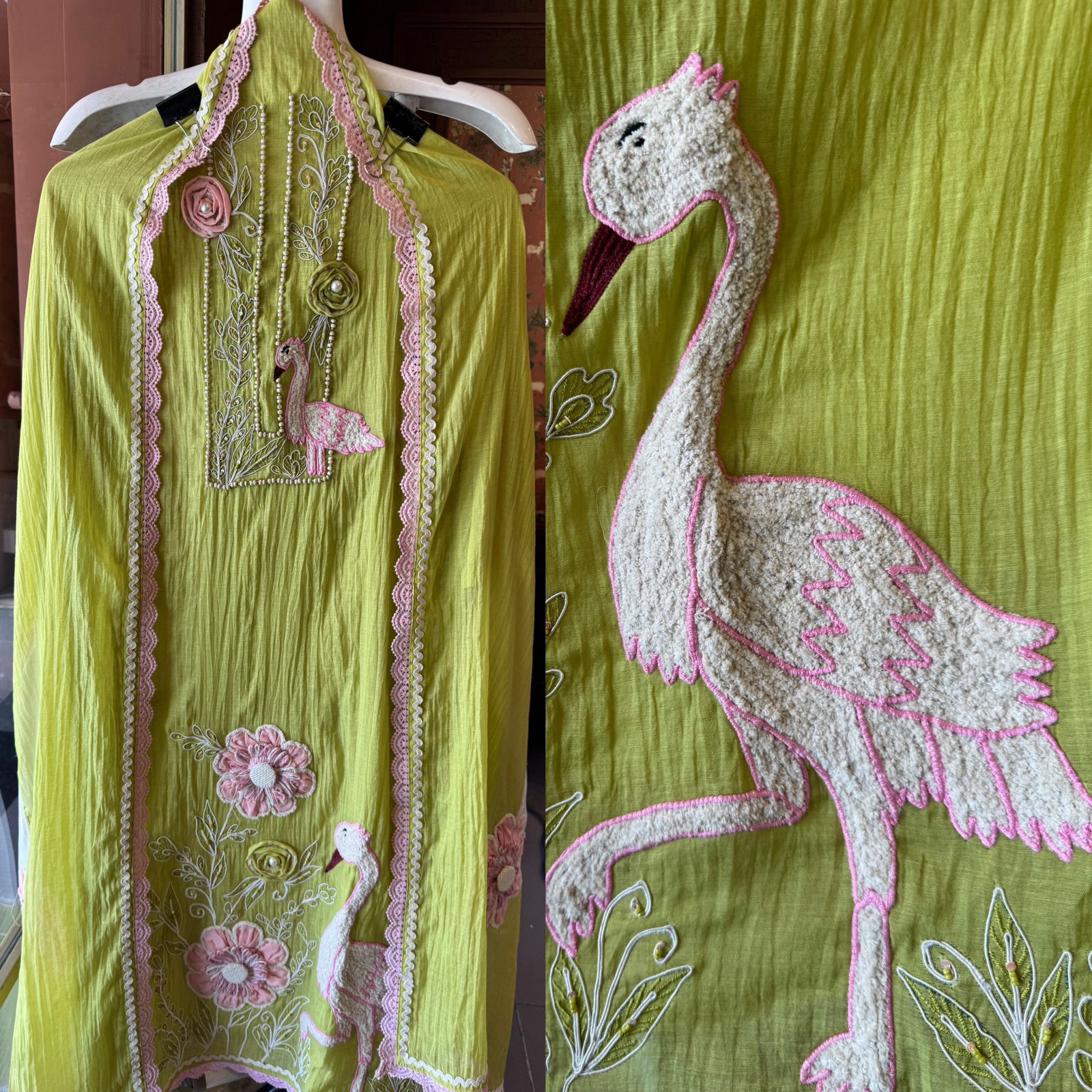 Flamingo Motif Embroidered Kurta Set