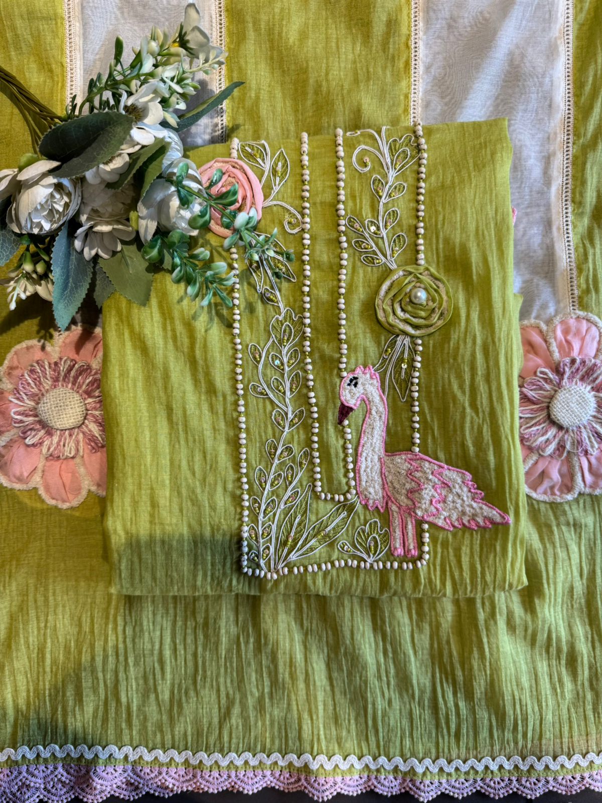 Flamingo Motif Embroidered Kurta Set